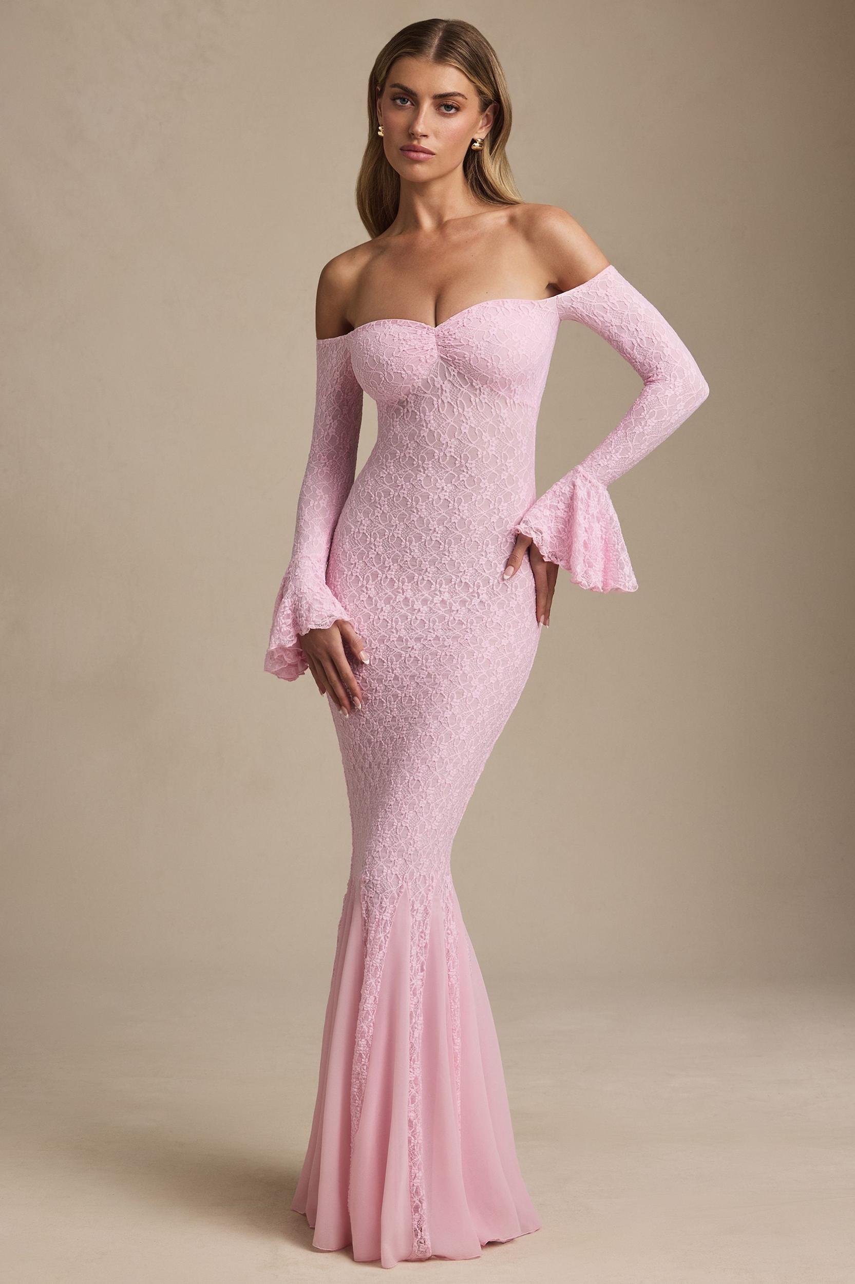 Off-Shoulder Ruffle Lace Maxi Dress in Soft Pink Product Image