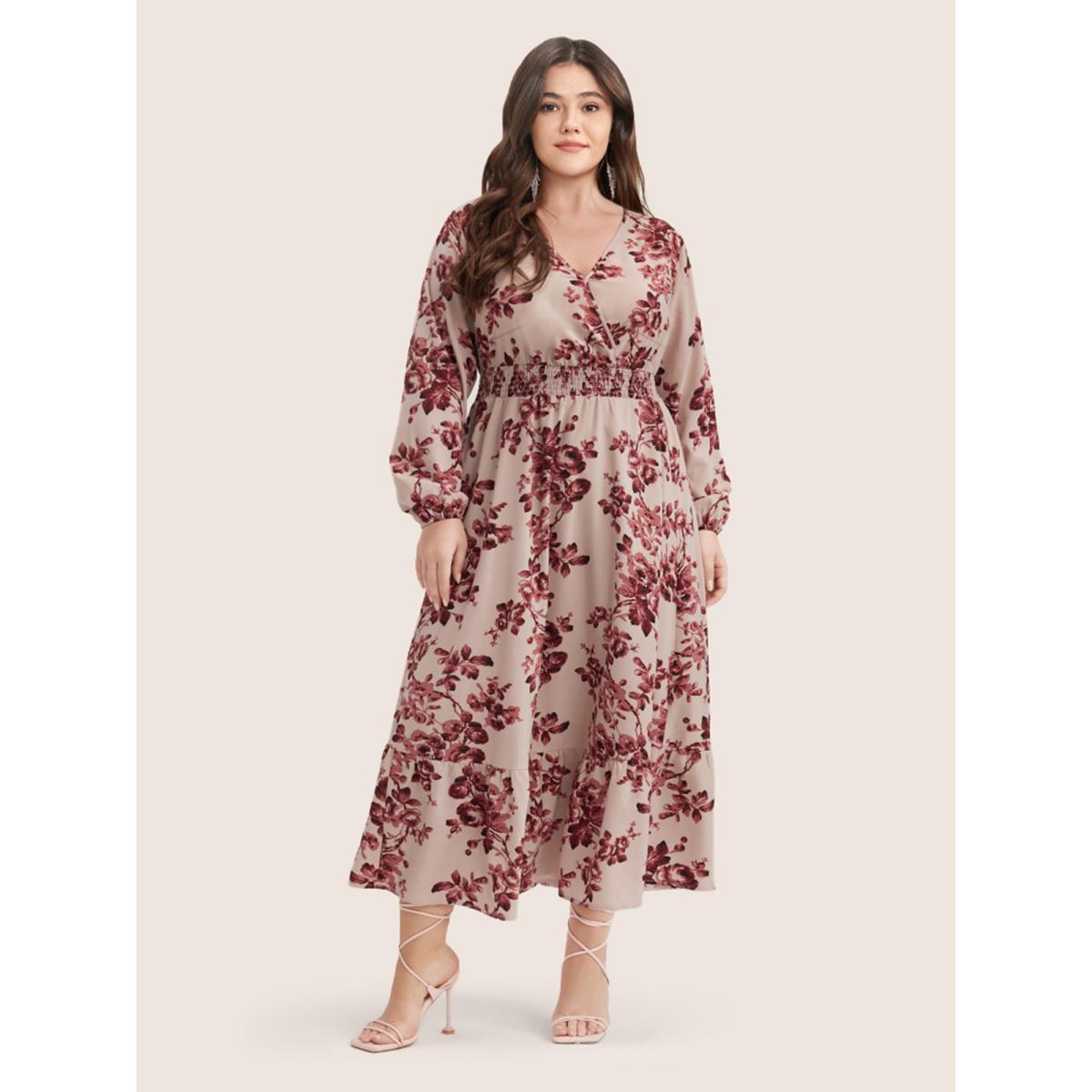 Plus Size Floral Wrap Lantern Sleeve Pocket Shirred Ruffle Hem Dress DustyPink Women Elegant Pocket V-neck Long Sleeve Curvy Midi Dress BloomChic 26/4X Product Image