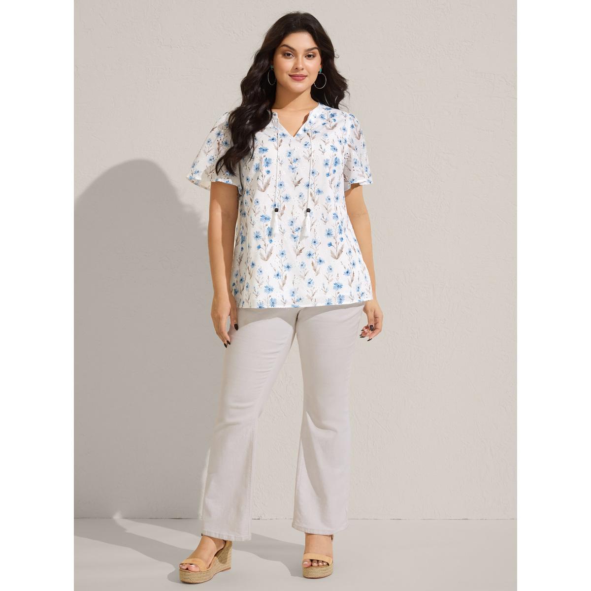 Plus Size LightBlue Cotton Embroidered Tassel Tie Flowy Blouse Women Short sleeve Flat collar with V-notch Vacation Blouses BloomChic 18-20/2X Product Image