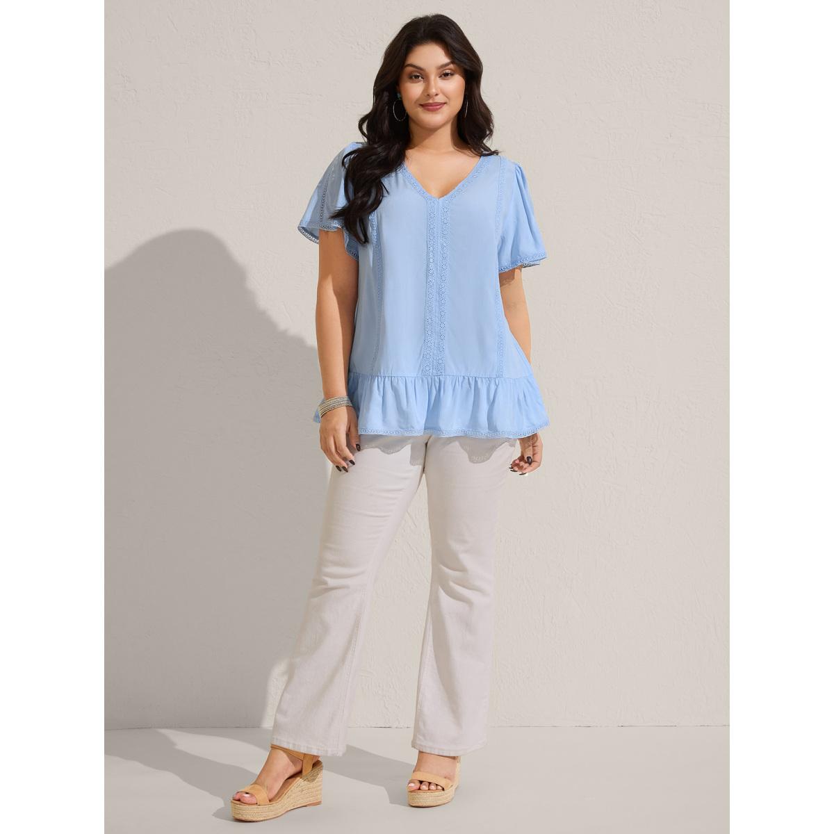 Plus Size LightBlue Rayon Lace Trim Spliced Blouse Women Short sleeve V-neck Vacation Blouses BloomChic 12/L Product Image