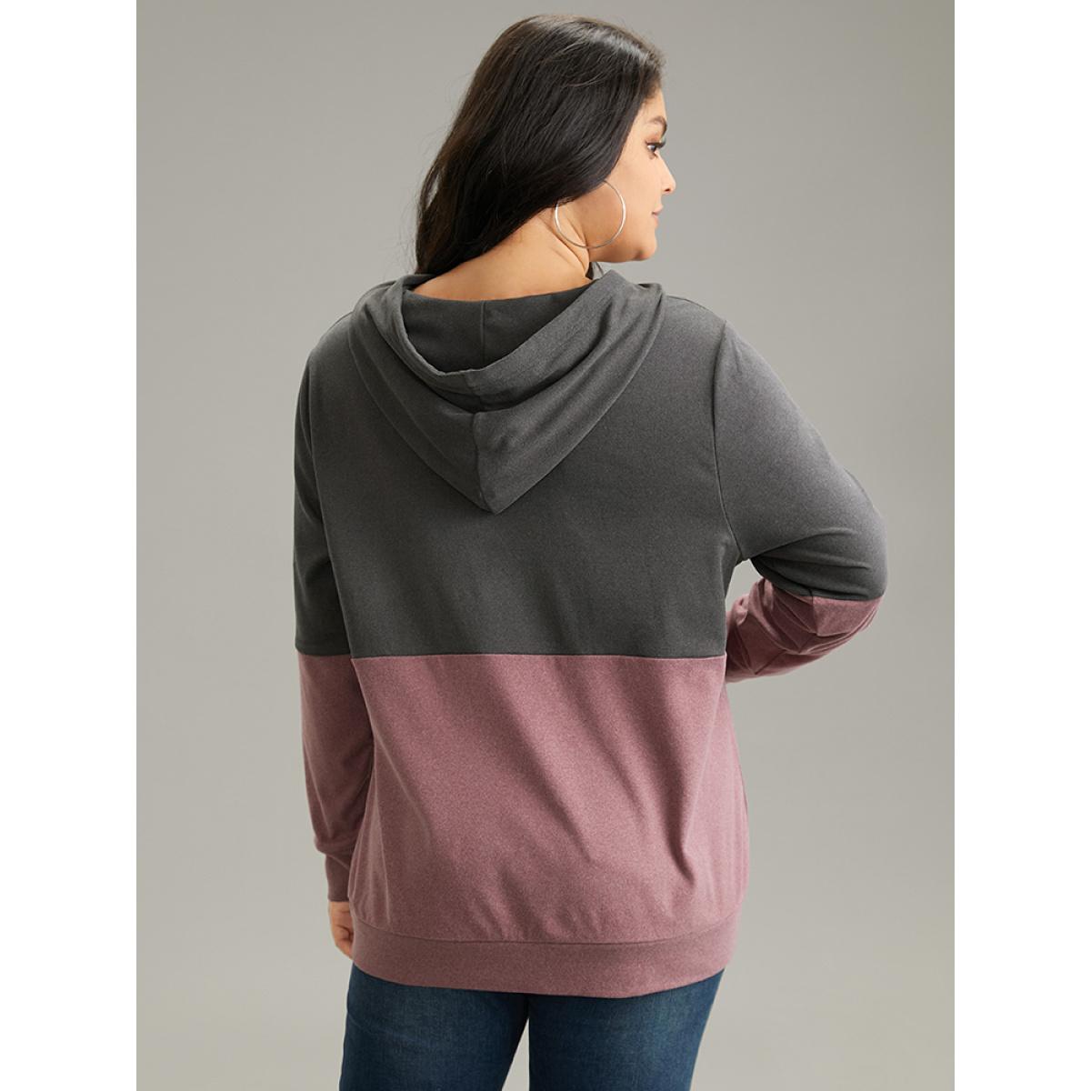 Plus Size Colorblock Contrast Half Zip Hooded Sweatshirt Women Scarlet Casual Contrast Hooded Dailywear Sweatshirts BloomChic 22-24/3X Product Image