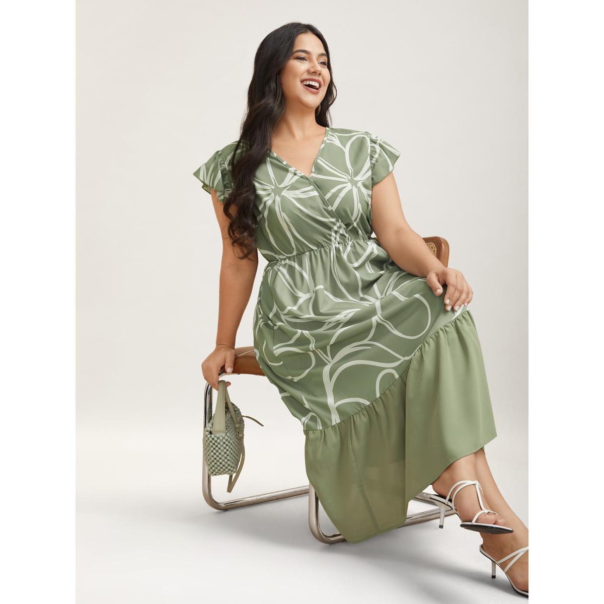 Plus Size Abstract Floral Print Ruffled Sleeve Maxi Dress Sage Women Elegant Ruffles Overlap Collar Cap Sleeve Curvy BloomChic 22-24/3X Product Image