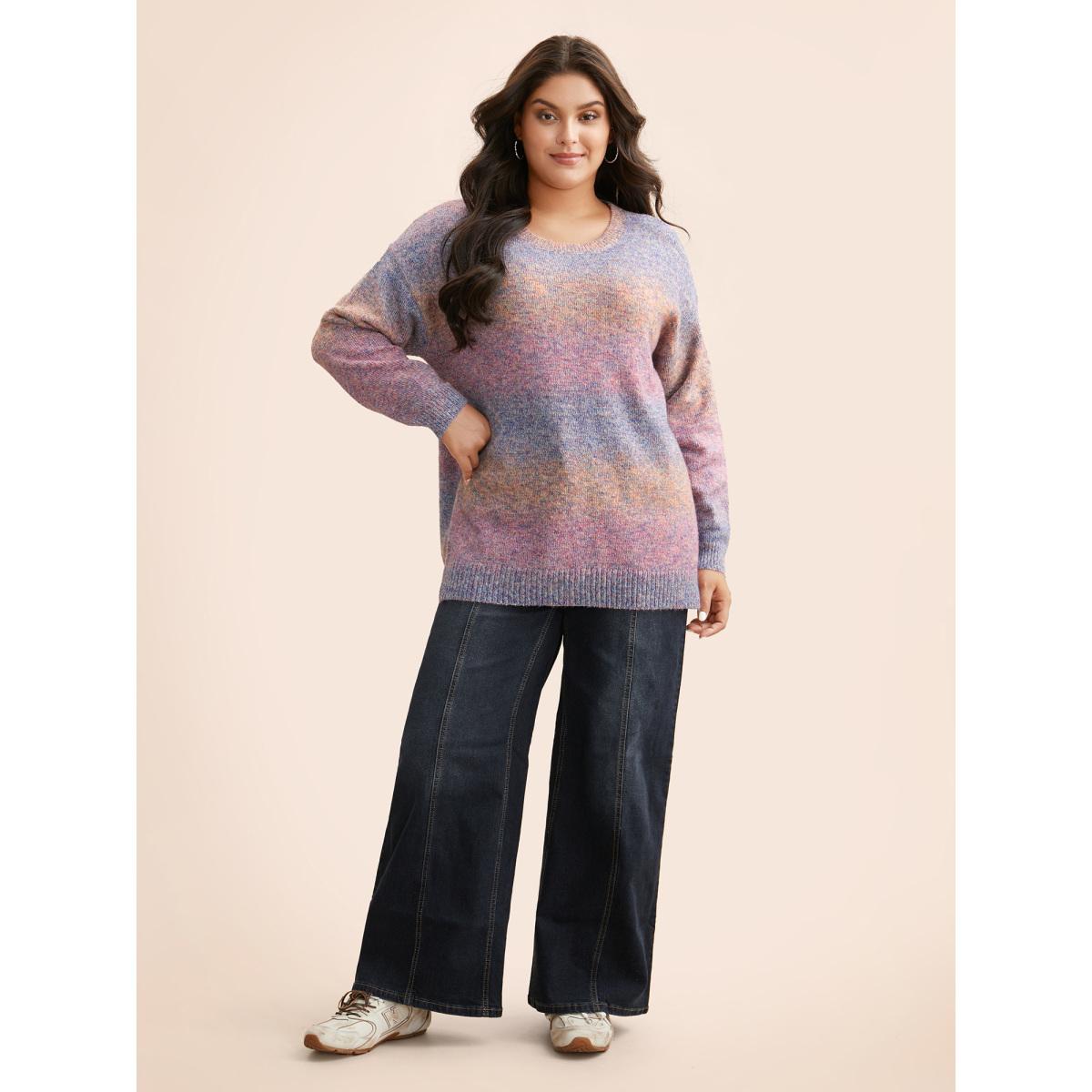 Plus Size Gradient Dyeing Round Neck Slit Hem Pullover Multicolor Women Casual Loose Long Sleeve Round Neck Everyday Pullovers BloomChic 22-24/3X Product Image