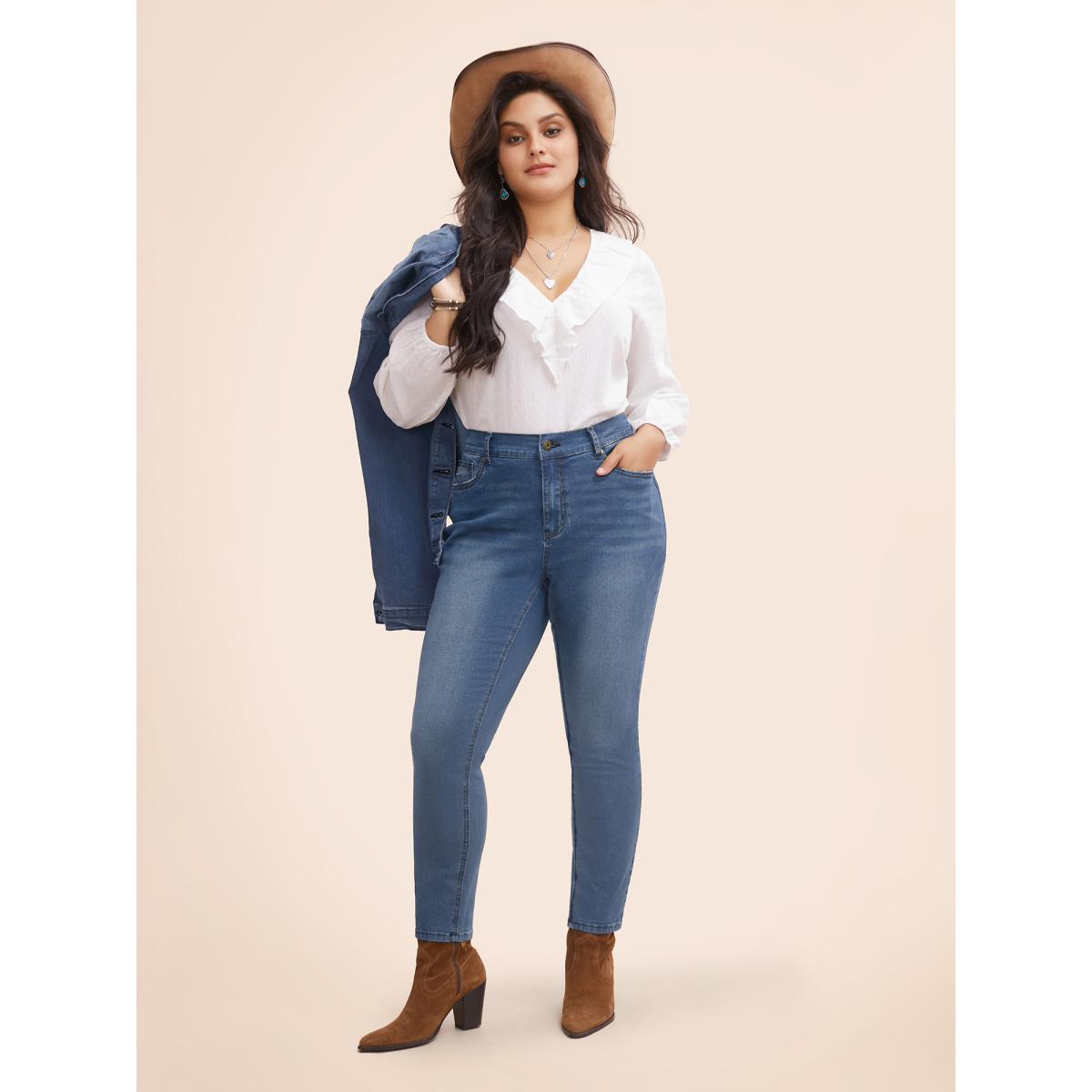 Plus Size Stretch Denim Pocket Distressing Slim-Fit Jeans Women Denimblue Casual Button Medium stretch Slanted pocket Jeans BloomChic 10/M Product Image