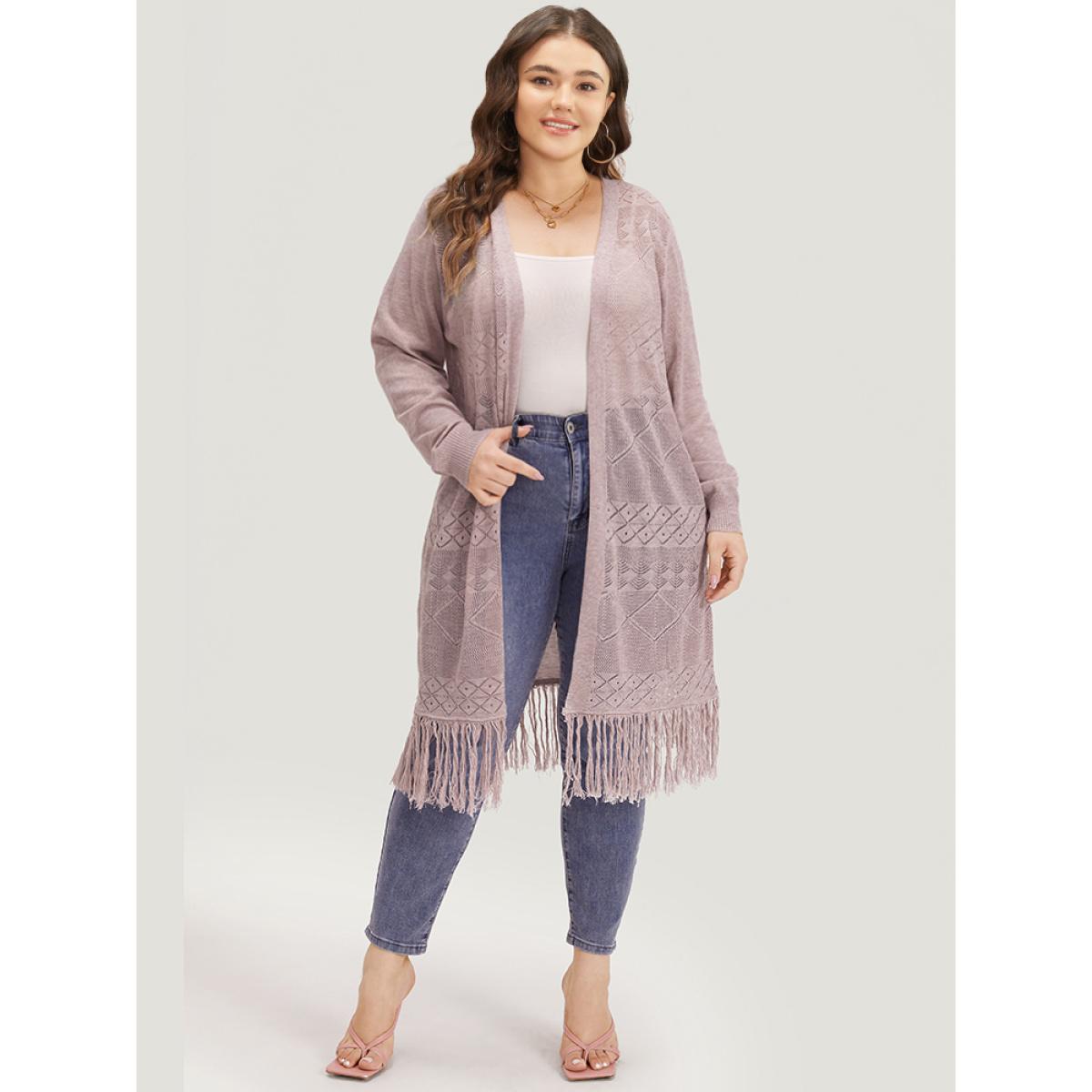 Plus Size Geometric Eyelet Fringe Trim Open Front Cardigan WhiteSmoke Women Casual Loose Long Sleeve Dailywear Cardigans BloomChic 28/5X Product Image