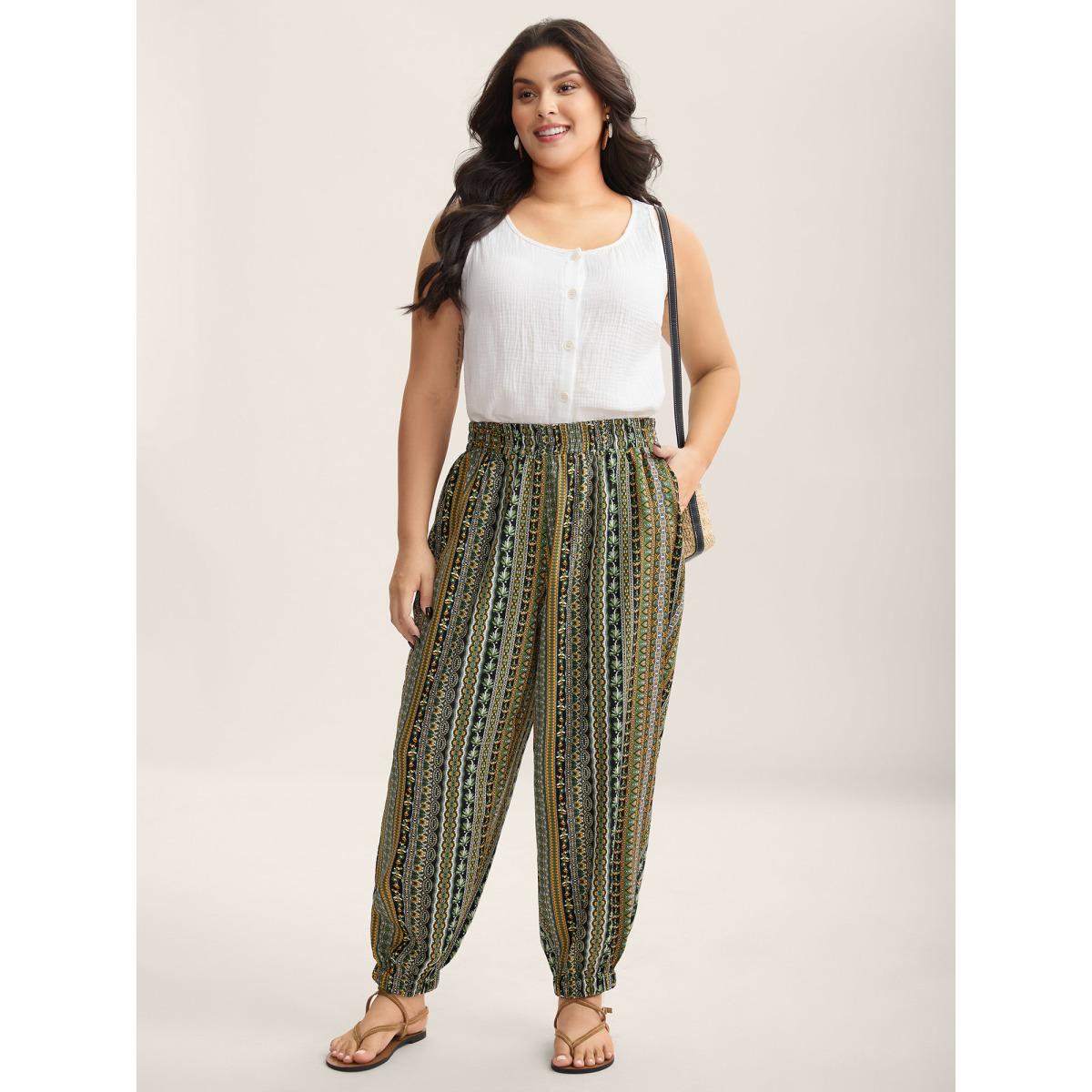 Plus Size Boho Striped Split Jogger Pants Women Emerald Leisure Bodycon Mid Rise Casual Pants BloomChic 14-16/1X Product Image