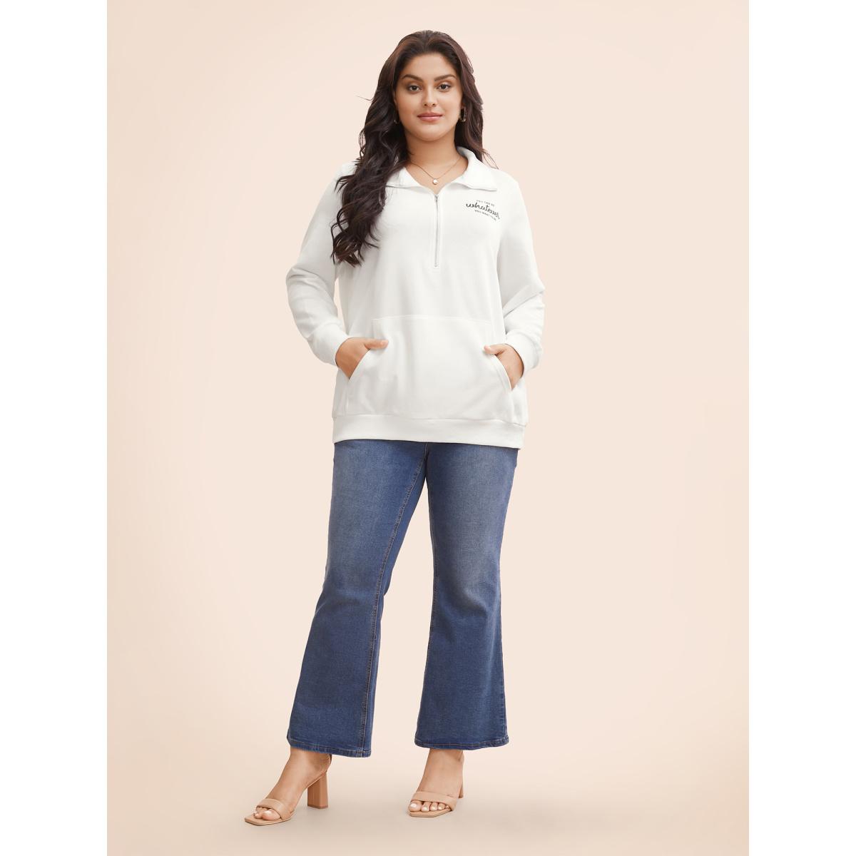 Plus Size Letter Print Half Zip Kangaroo Pocket Sweatshirt Women Originalwhite Elegant Patchwork Polo Everyday Sweatshirts BloomChic 18-20/2X Product Image