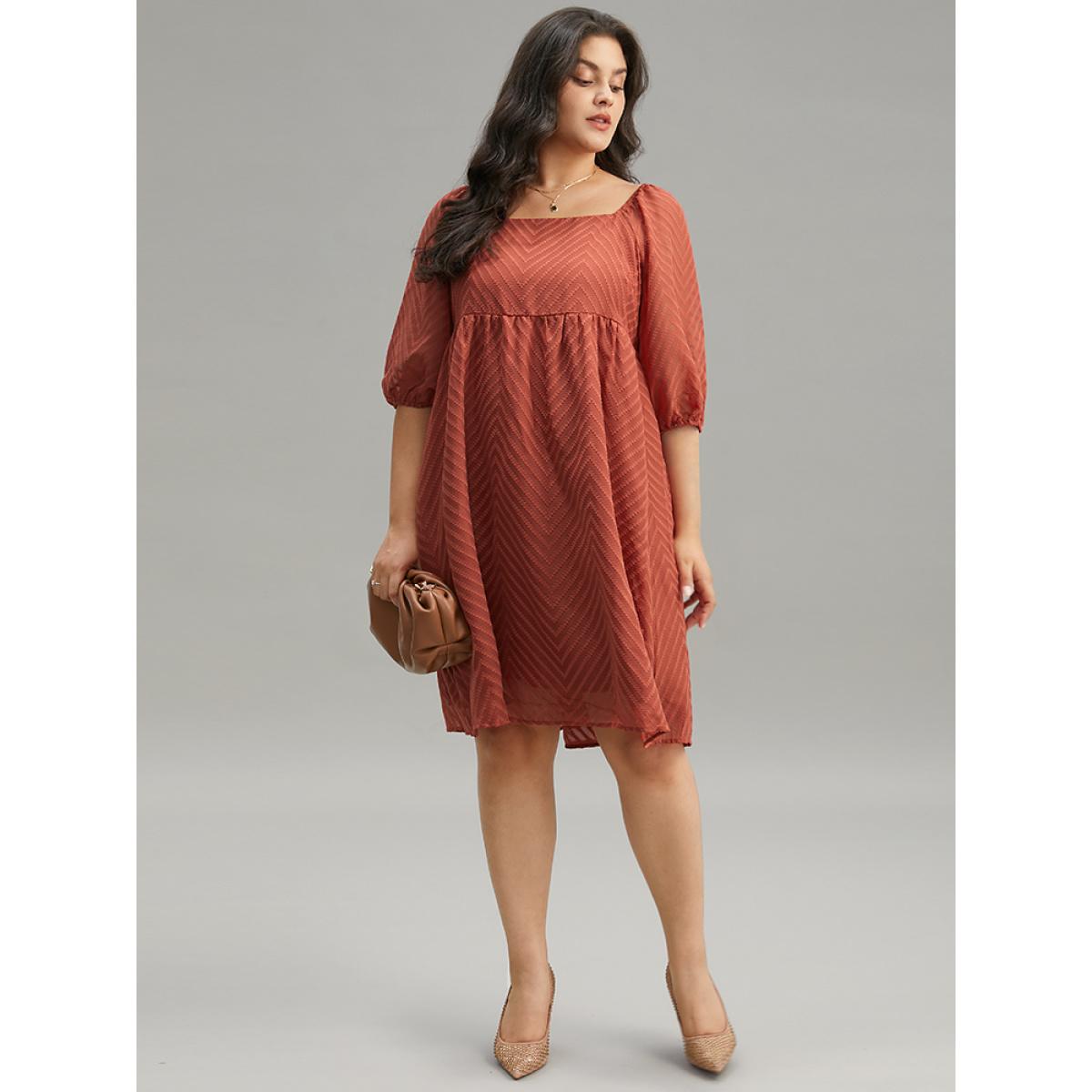 Plus Size Plisse Solid Square Neck Lantern Sleeve Dress Rust Women Office Lined Square Neck Half Sleeve Curvy Midi Dress BloomChic 18-20/2X Product Image