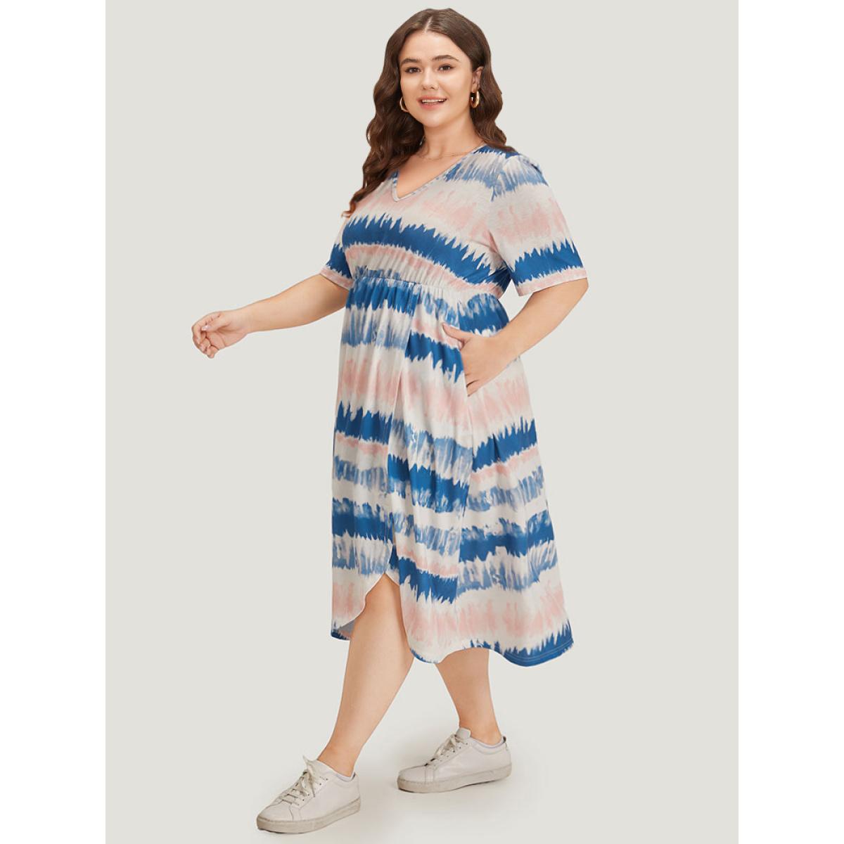Plus Size Ombre Tie Dye Pocket Split Side Elastic Waist Dress Multicolor Women Casual Tie Dye V-neck Short sleeve Curvy Midi Dress BloomChic 22-24/3X Product Image