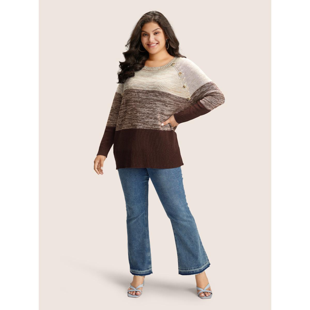 Plus Size Colorblock Contrast Heather Button Detail Pullover Browncoffeecolor Women Casual Long Sleeve Round Neck Everyday Pullovers BloomChic 14-16/1X Product Image