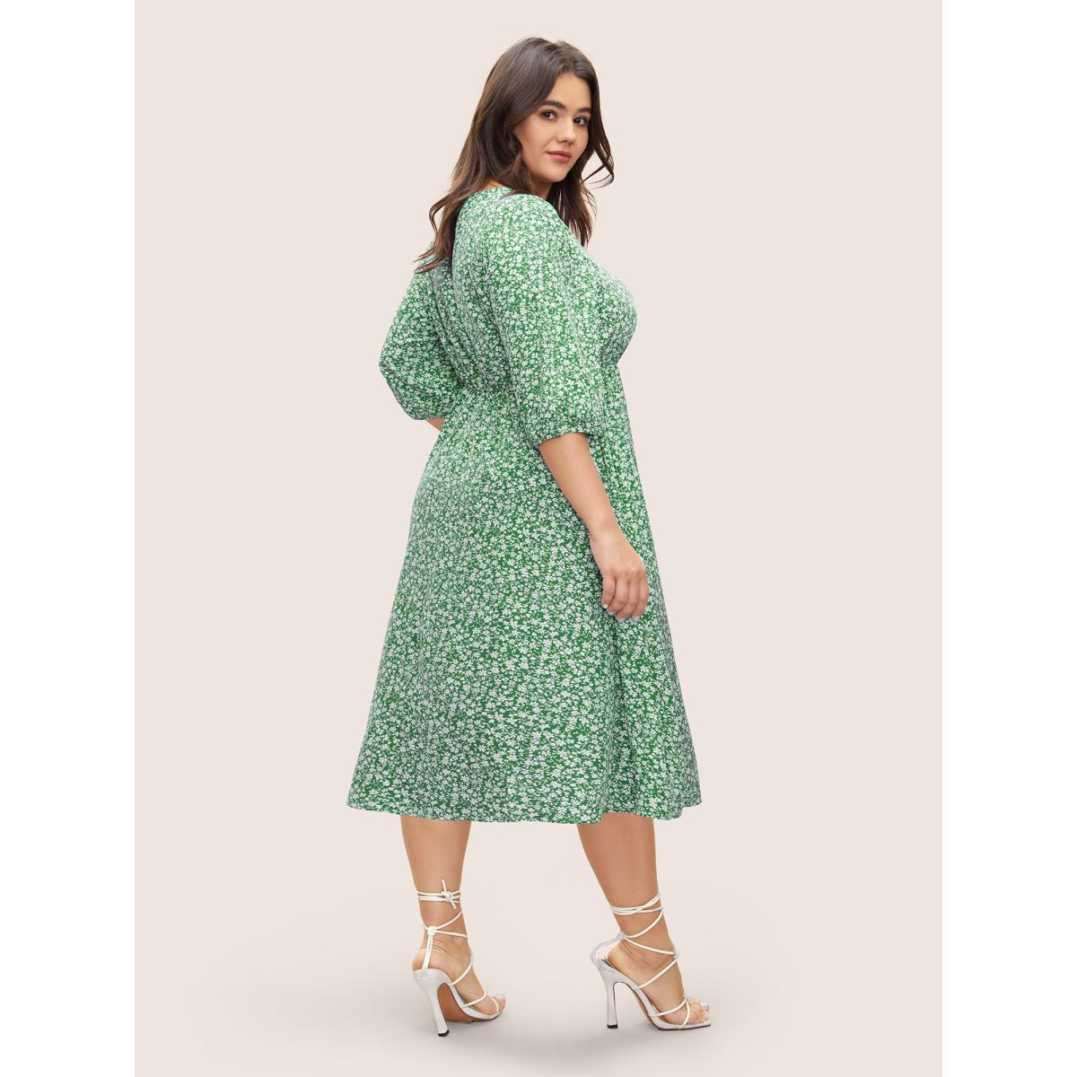 Plus Size Ditsy Floral Print Square Neck Split Hem Dress Emerald Women Elegant Non Square Neck Elbow-length sleeve Curvy Midi Dress BloomChic 14-16/1X Product Image
