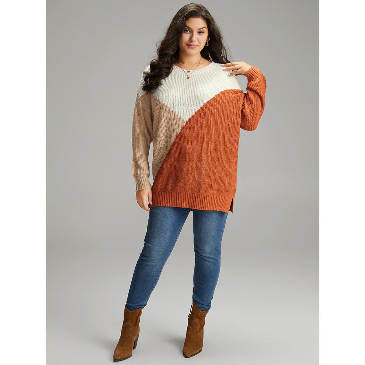 Plus Size Colorblock Split Side Drop Shoulder Pullover Multicolor Women Casual Loose Long Sleeve Round Neck Dailywear Pullovers BloomChic 30/6X Product Image