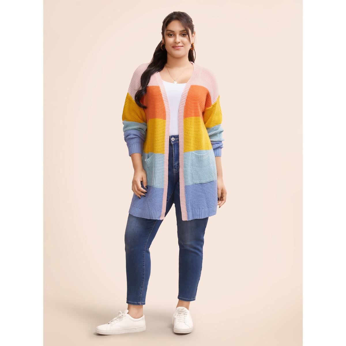 Plus Size Colorblock Contrast Drop Shoulder Pocket Cardigan Multicolor Women Casual Loose Long Sleeve Everyday Cardigans BloomChic 26/4X Product Image