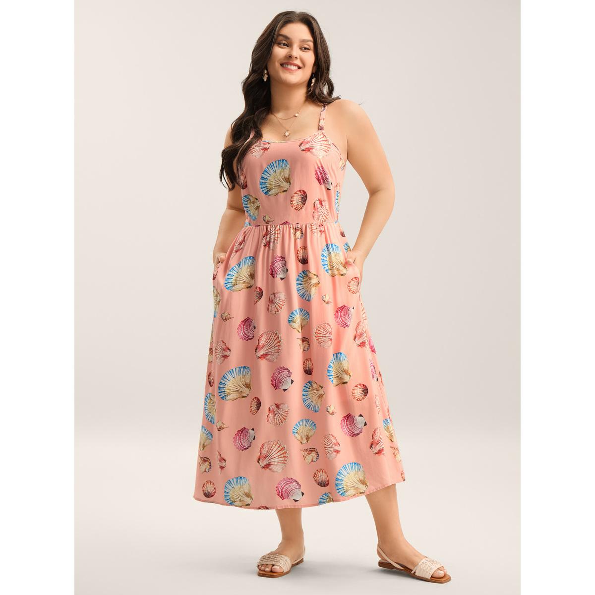 Plus Size Rayon Adjustable Strap Shell Print Midi Dress Lightorange Women Non Sleeveless Curvy BloomChic 12/L Product Image
