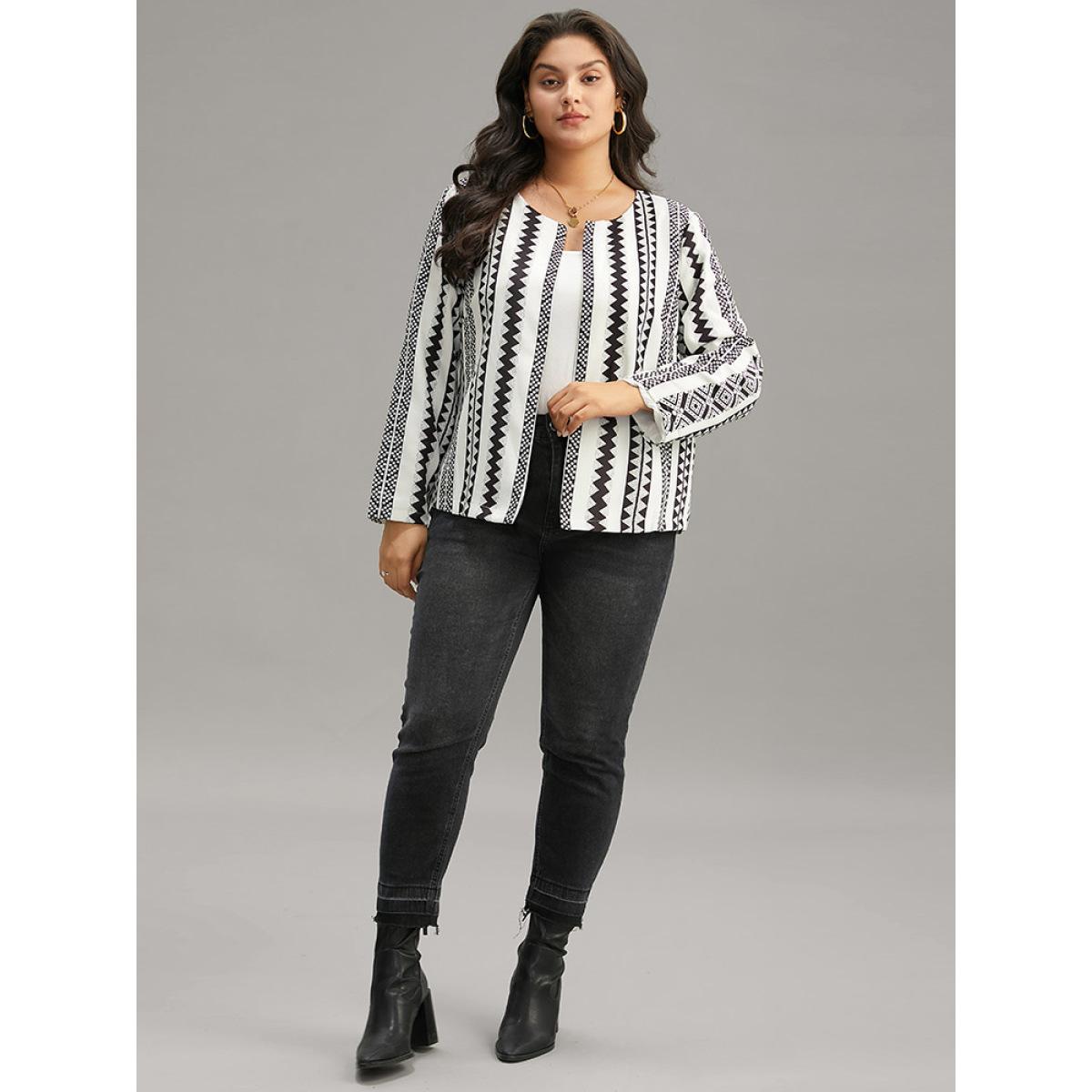 Plus Size Geometric Boho Print Open Front Jacket Women White Resort Contrast Ladies Vacation Winter Coats BloomChic 18-20/2X Product Image