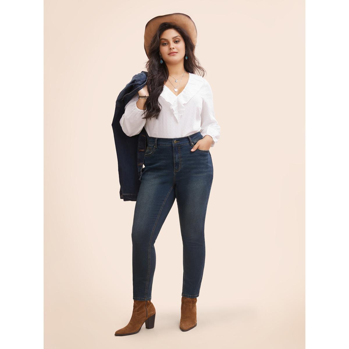 Plus Size Stretch Denim Pocket Distressing Slim-Fit Jeans Women Bluevintage Casual Button Medium stretch Slanted pocket Jeans BloomChic 16/1X Product Image