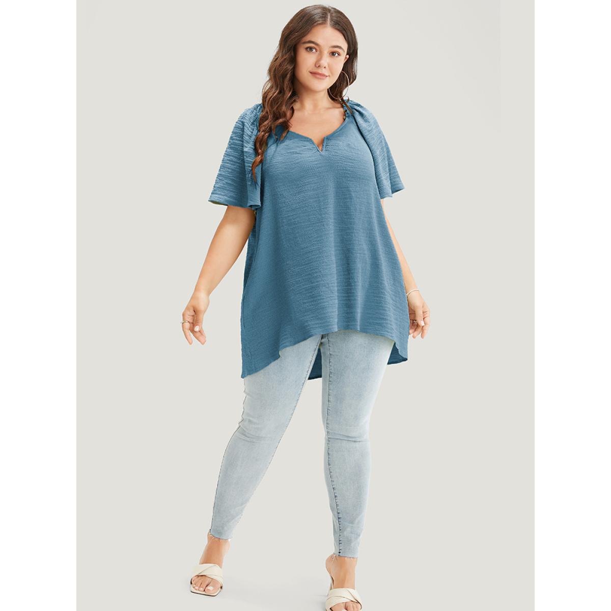 Plus Size Aegean Plain Notched High Low Hem Ruffle Sleeve Frill Trim Blouse Women Elegant Short sleeve V-neck Dailywear Blouses BloomChic 30/6X Product Image