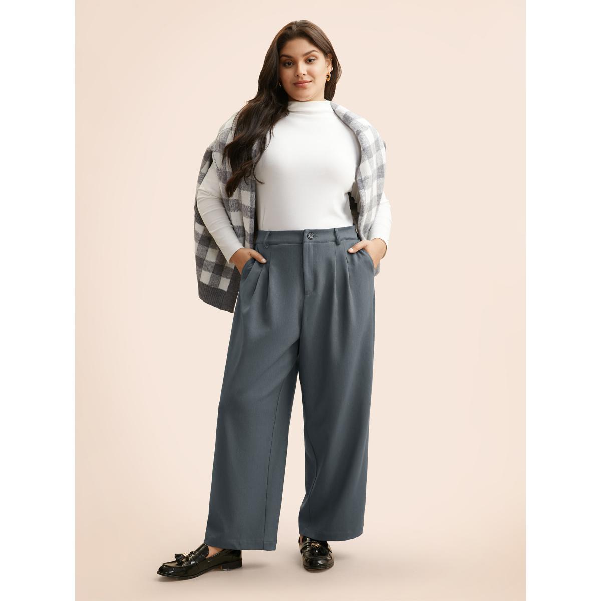 Plus Size Mid Rise Pleated Straight Leg Pants Women SlateGray Workwear Essentials Straight Leg Mid Rise Office Pants BloomChic 14-16/1X Product Image