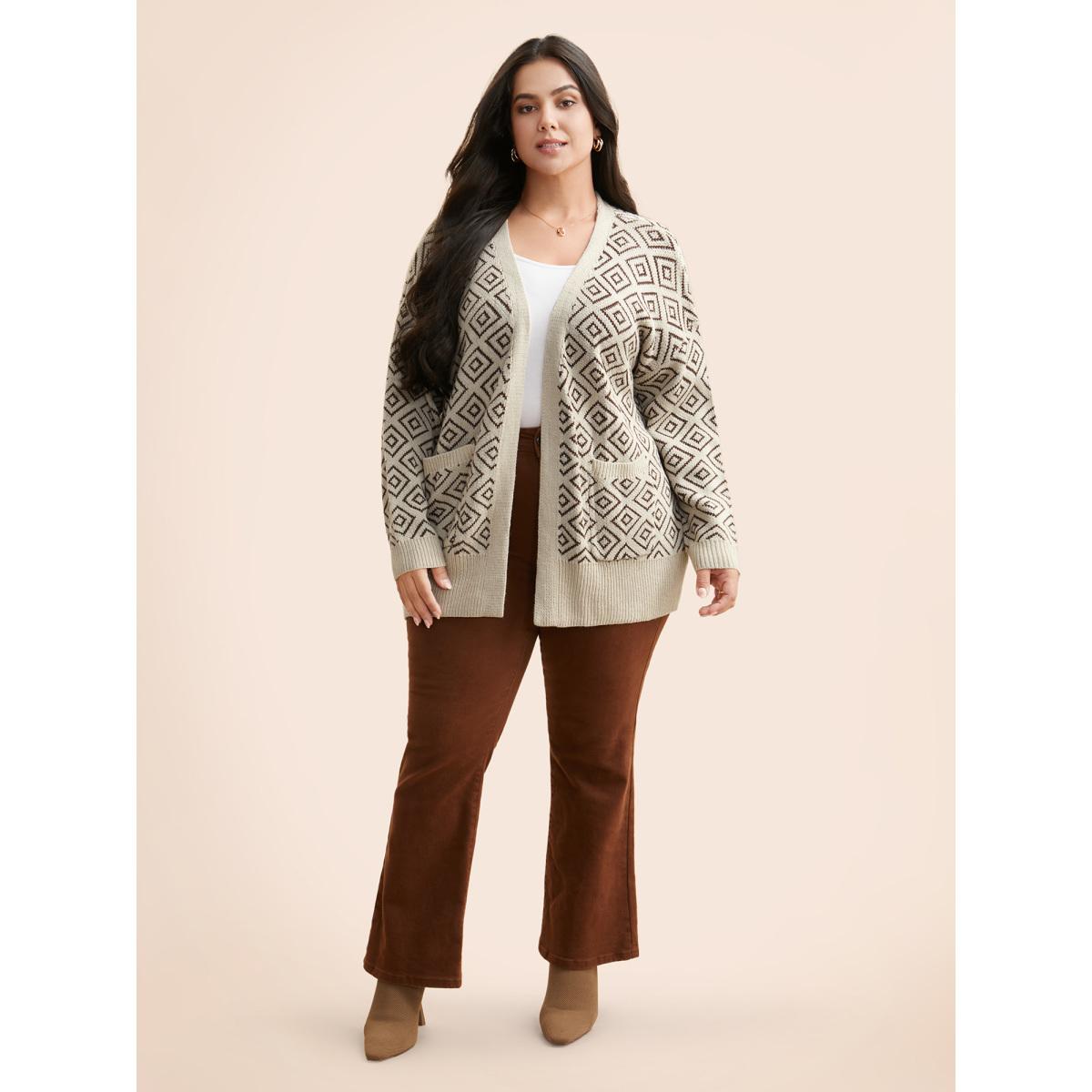 Plus Size Geometric Drop Shoulder Patch Pocket Cardigan WhiteSmoke Women Leisure Loose Long Sleeve Casual Cardigans BloomChic 22-24/3X Product Image