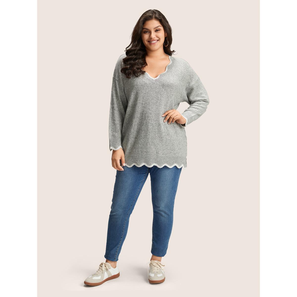 Plus Size Contrast Split Side Scalloped Trim Pullover Silver Women Casual Long Sleeve V-neck Everyday Pullovers BloomChic 30/6X Product Image