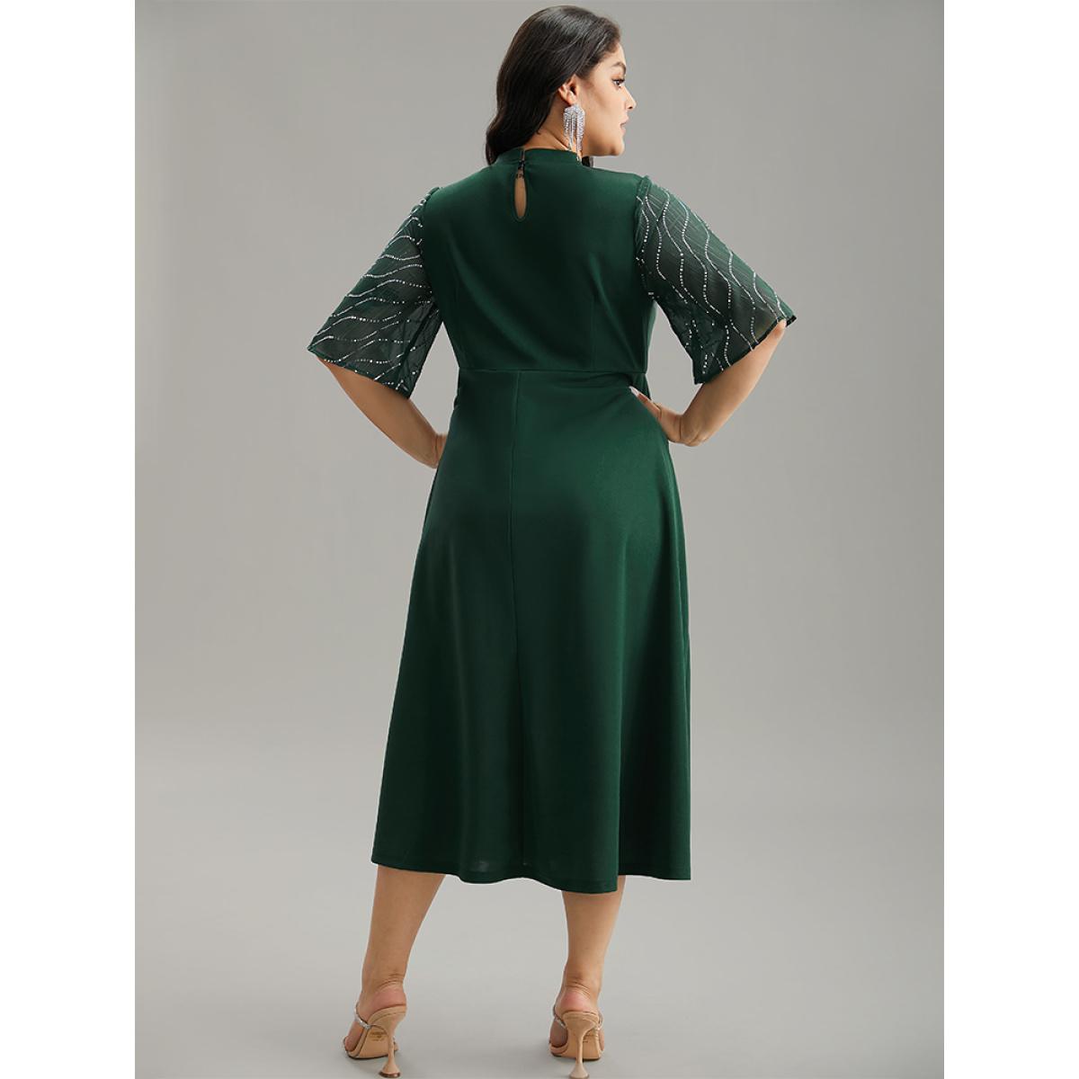 Plus Size Plain Mesh Sequin Patchwork Ruffle Sleeve Dress DarkGreen Women Party Sequin Stand-up collar Short sleeve Curvy Midi Dress BloomChic 14-16/1X Product Image