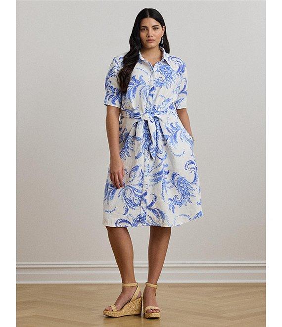 Lauren Ralph Lauren Plus Size Paisley Tie-Front Linen Shirtdress Product Image