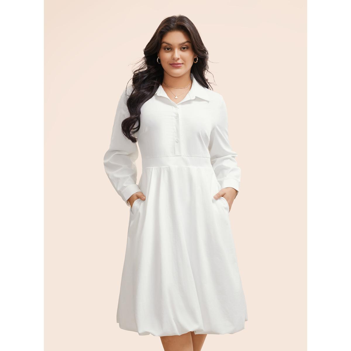 Plus Size Plain Shirt Collar Shirred Bubble Dress Originalwhite Women Elegant Button Shirt collar Long Sleeve Curvy BloomChic 30/6X Product Image