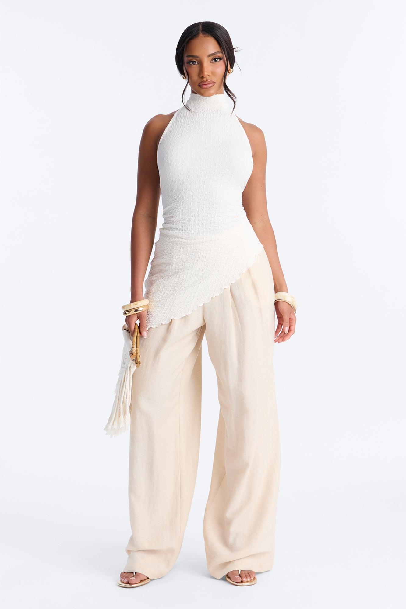 Barbados Textured Asymmetrical Halter Mock Neck Top - Ivory Female Product Image