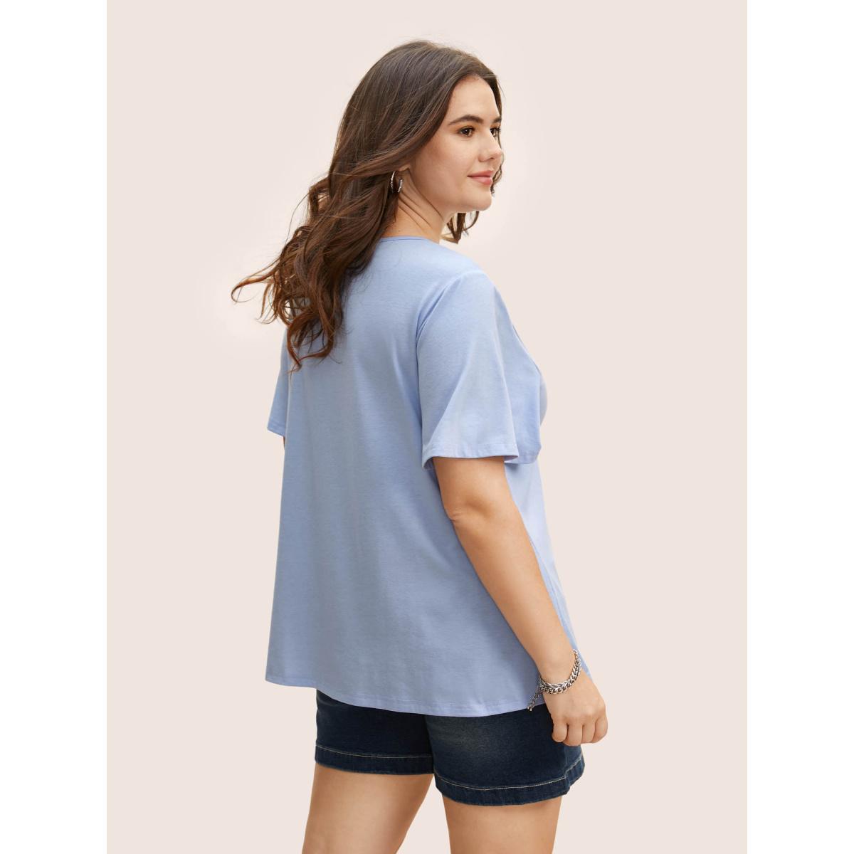 Plus Size Round Neck Shirred Ruffle Sleeve T-shirt LightBlue Women Casual Shirred Round Neck Everyday T-shirts BloomChic 14-16/1X Product Image