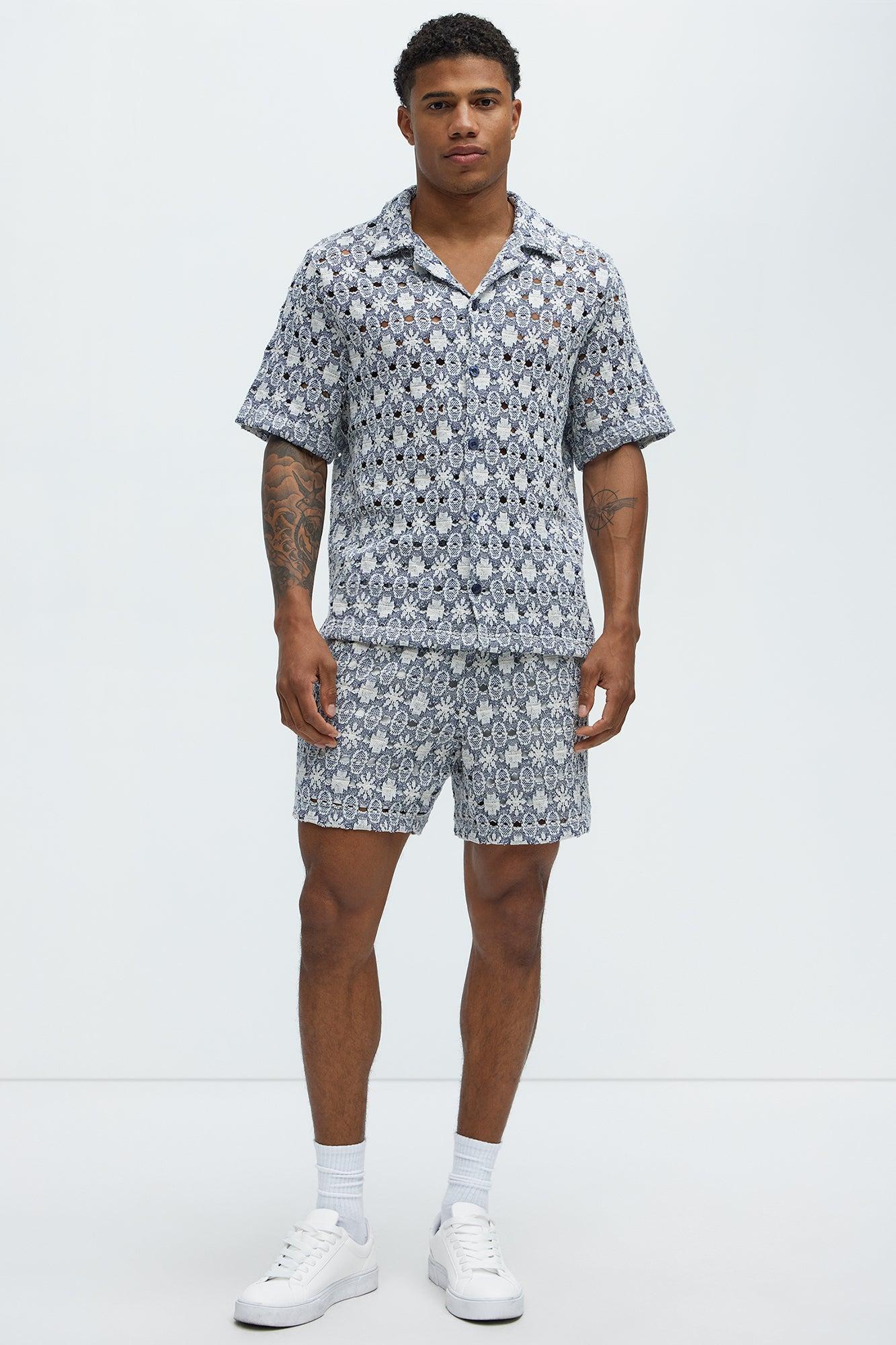 Patterned Open Knit Shorts - Blue/combo Product Image