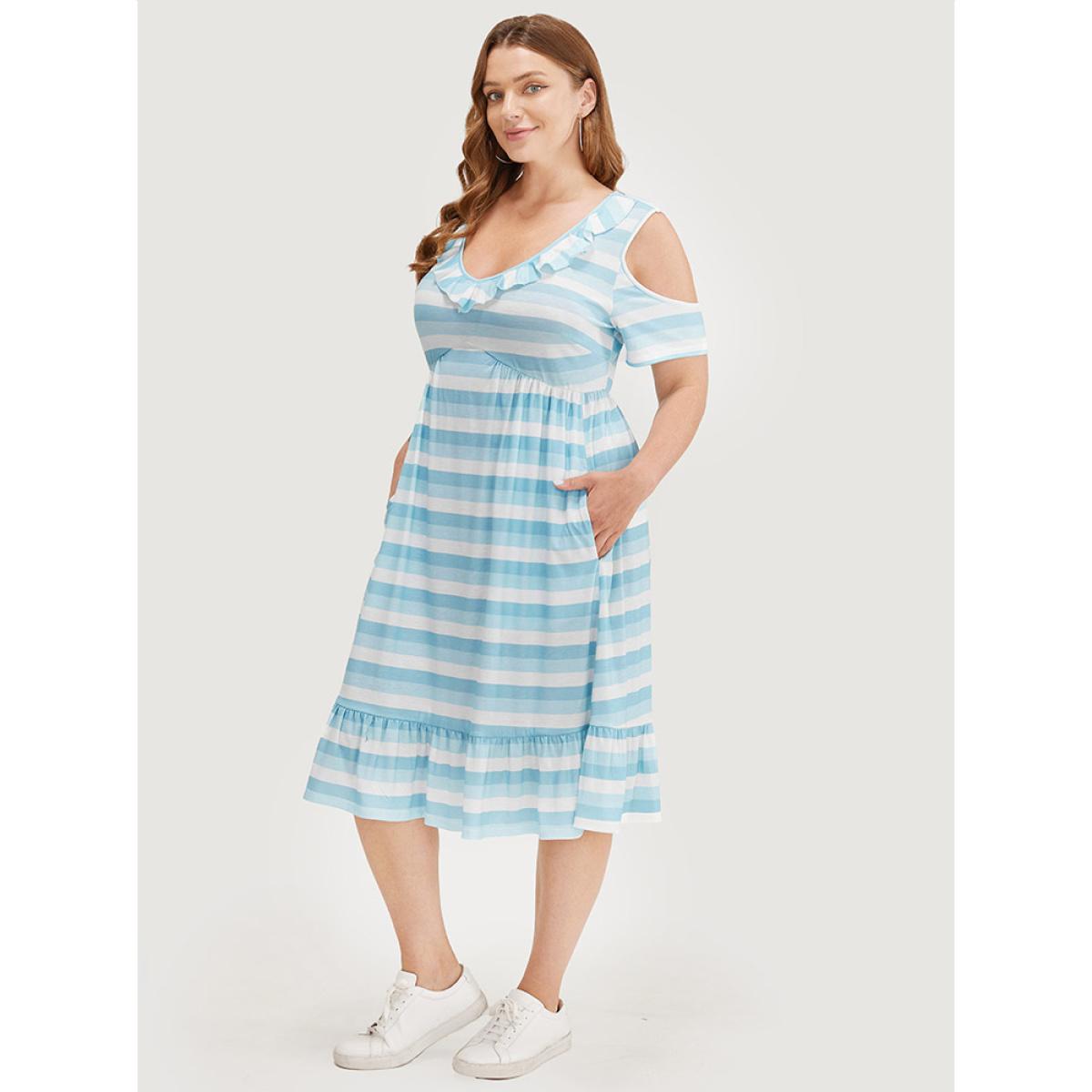 Plus Size Striped Contrast Pocket Ruffle Trim Cold Shoulder Dress LightBlue Women Casual Contrast Cold Shoulder Short sleeve Curvy Midi Dress BloomChic 26/4X Product Image