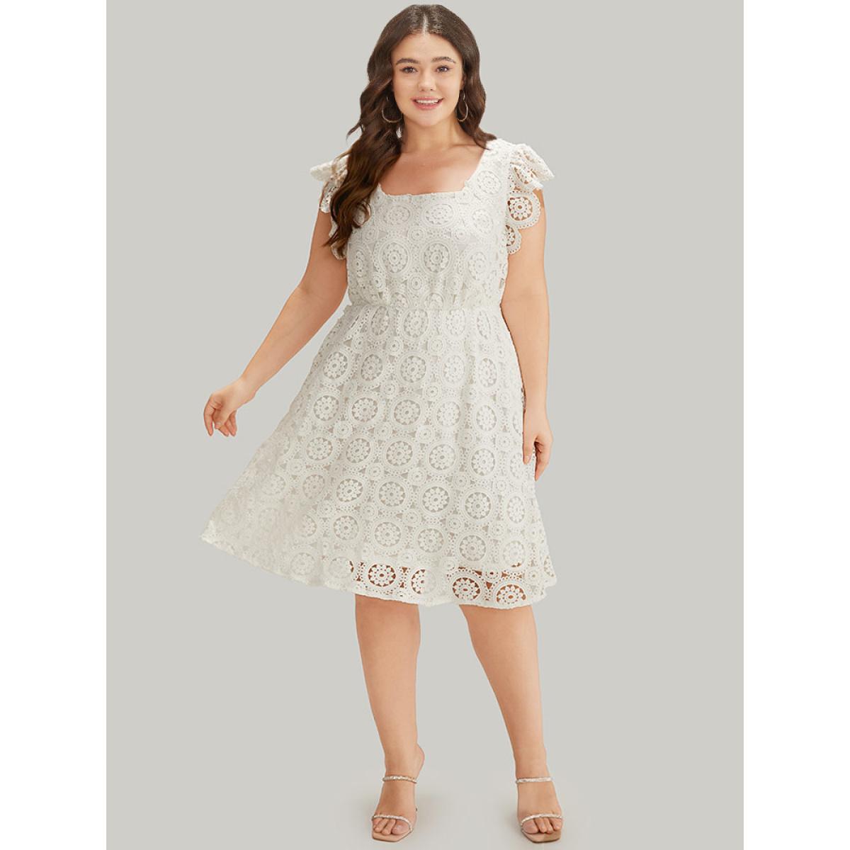 Plus Size Plain Lace Flutter Trim Pocket Square Neck Dress White Women Glamour Lined Square Neck Sleeveless Curvy Midi Dress BloomChic 14-16/1X Product Image