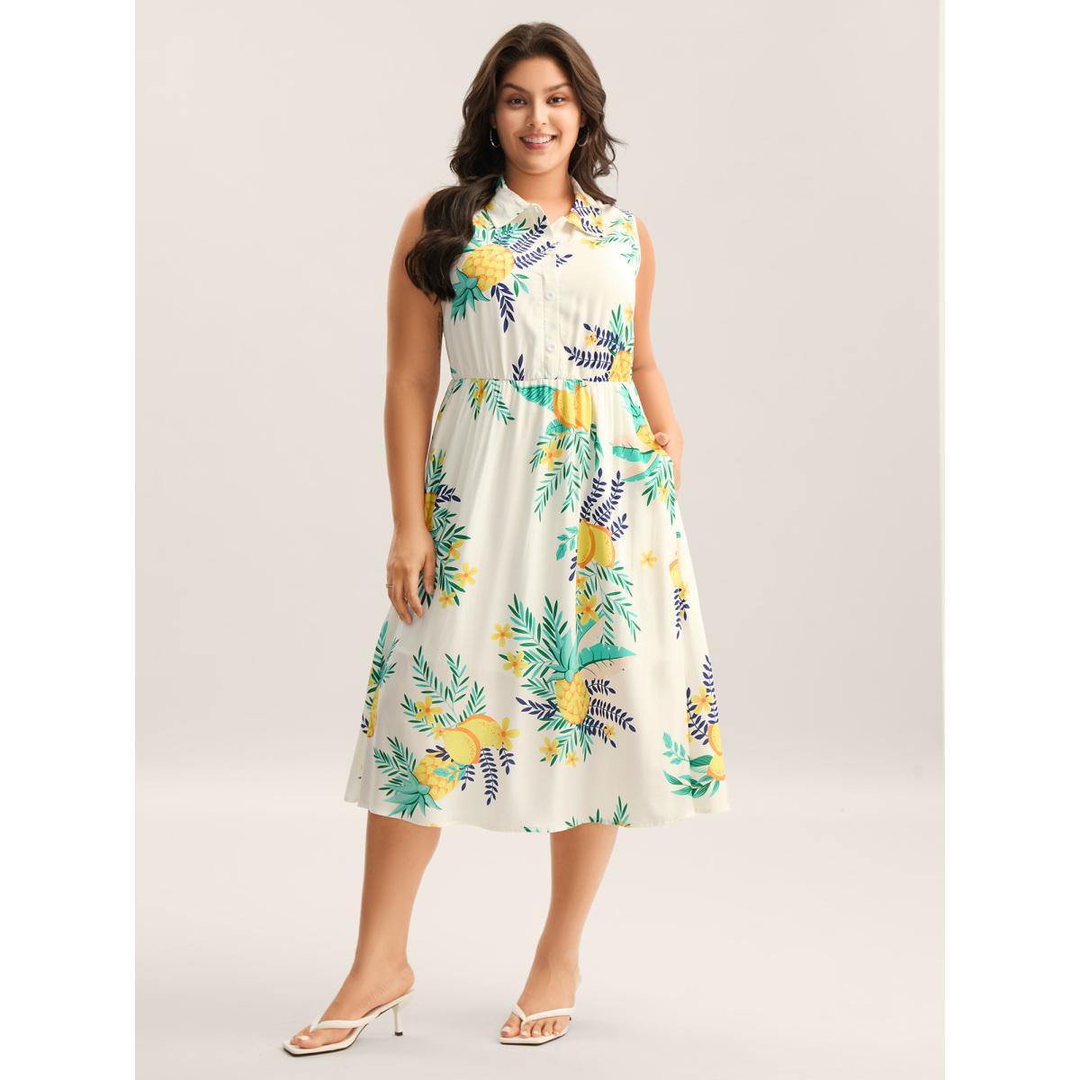 Plus Size Rayon Fruit Print Collar Pockets Midi Dress Emerald Women Shirt collar Sleeveless Curvy BloomChic 18-20/2X Product Image