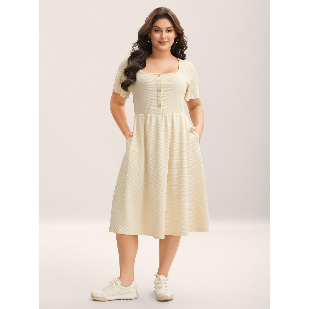 Plus Size Waffle Button Detail Round Neck Midi Dress Apricot Women Elegant Texture Square Neck Short sleeve Curvy BloomChic 14-16/1X Product Image