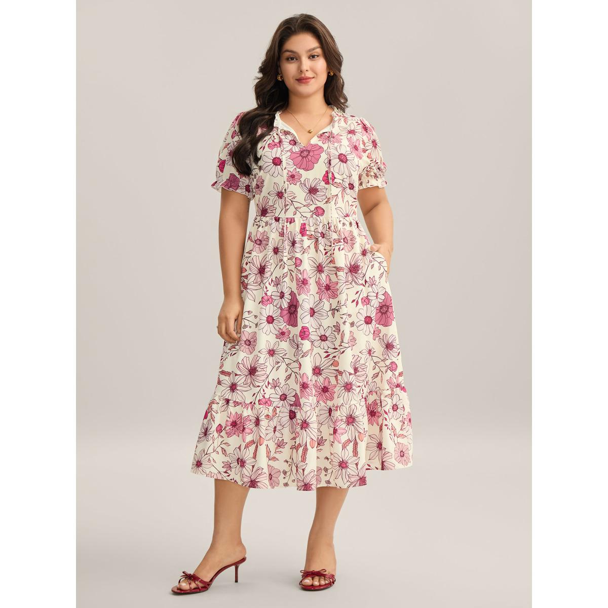 Plus Size Floral Print Neck Tie Tiered Maxi Dress Blush Women Timeless Flat collar with V-notch Short sleeve Curvy BloomChic 12/L Product Image