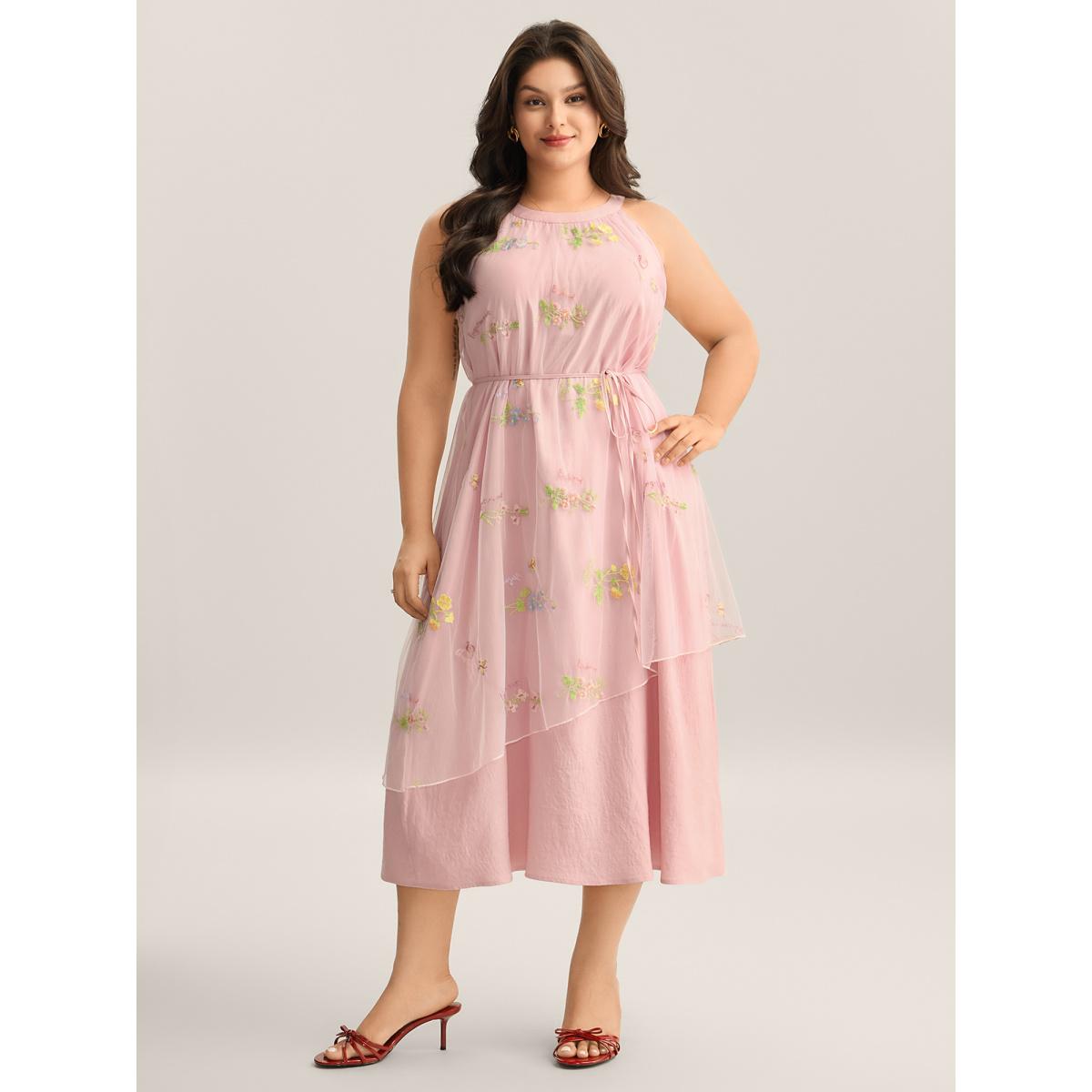 Plus Size Embroidered Mesh Halter Neck Midi Dress MistyRose Women Round Neck Sleeveless Curvy BloomChic 22-24/3X Product Image