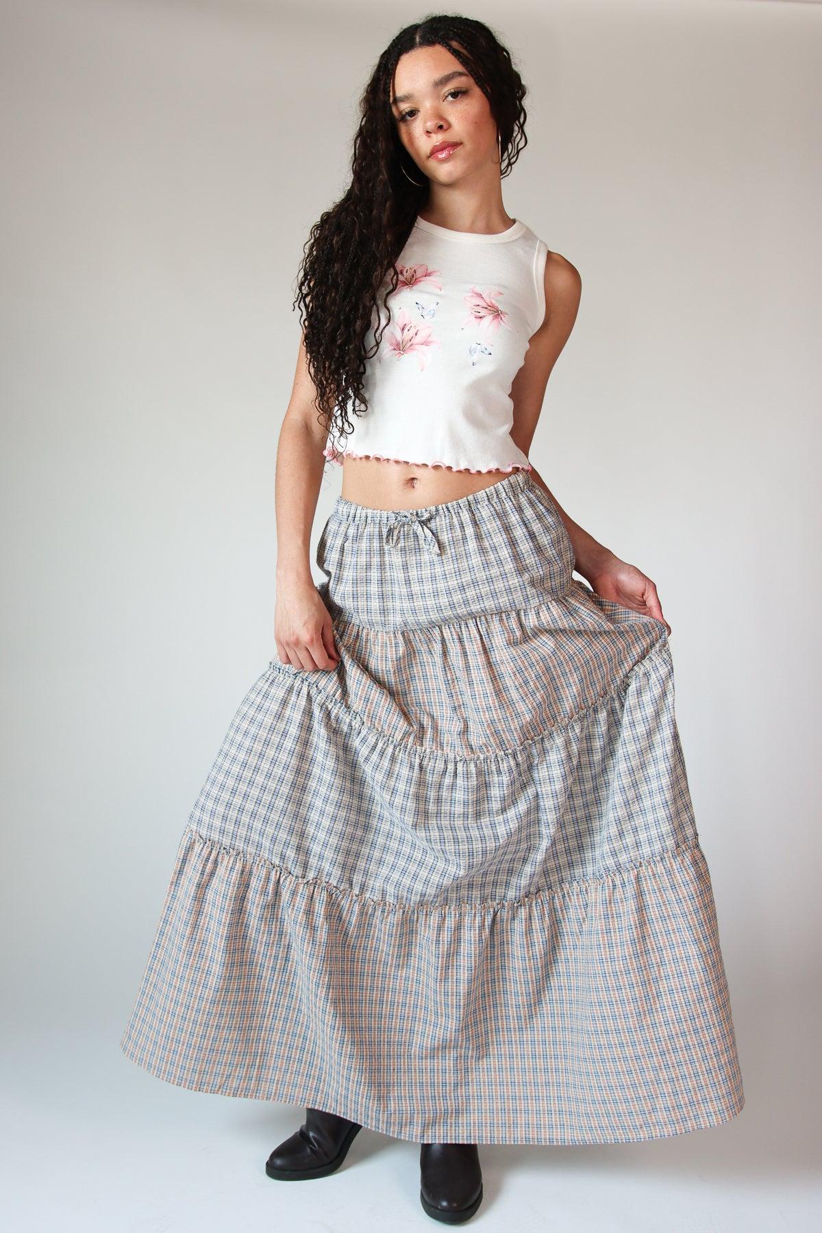 Mixed Plaid Tiered Maxi Skirt Product Image