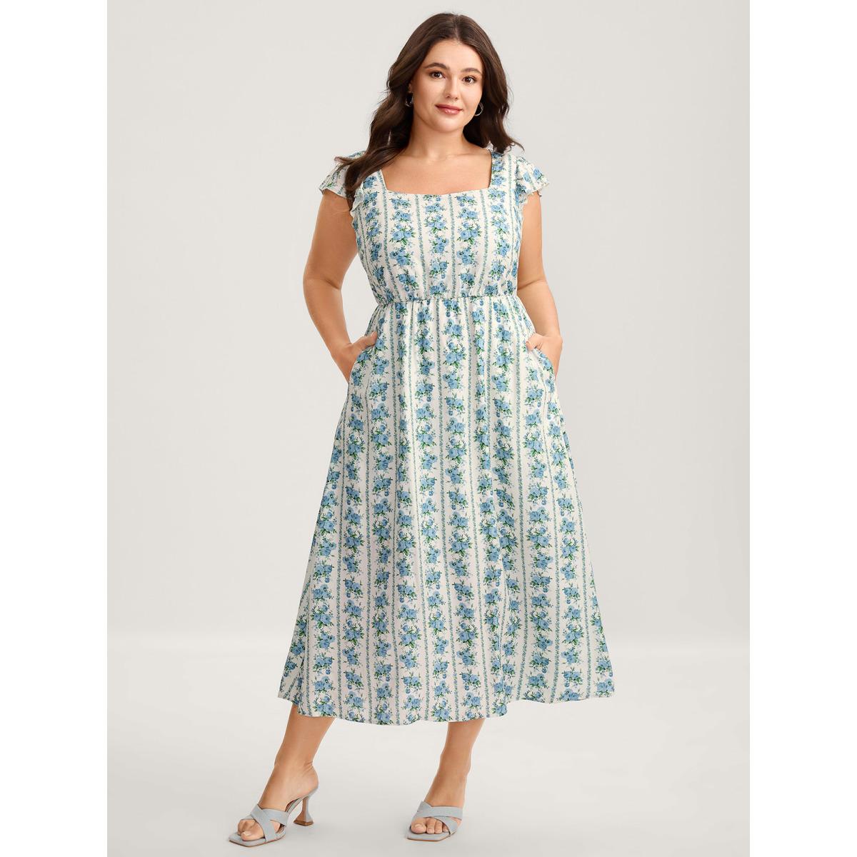 Plus Size Floral Stripe Flutter Sleeve Maxi Dress Mediumblue Women Heart neckline Cap Sleeve Curvy BloomChic 28/5X Product Image