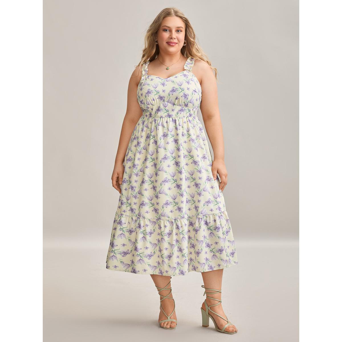 Plus Size Vine Floral Pockets Stretchy Waist Midi Dress Lightyellow Women Elegant Gathered V-neck Sleeveless Curvy BloomChic 12/L Product Image