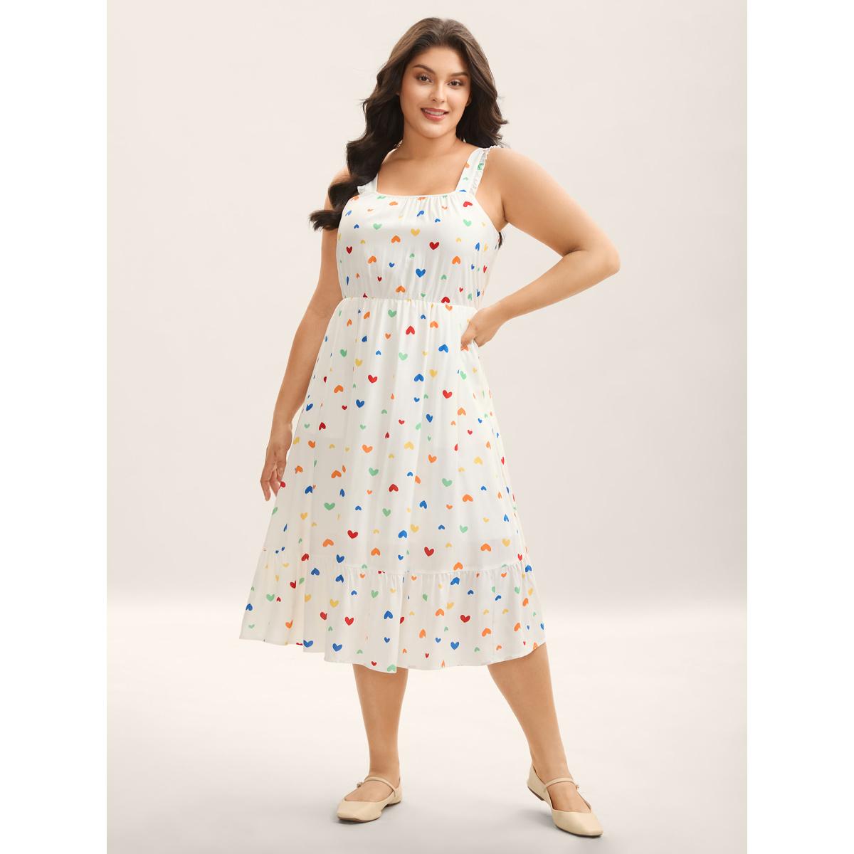 Plus Size Colorful Hearts Print Pockets Midi Dress Ivory Women Square Neck Sleeveless Curvy BloomChic 14-16/1X Product Image