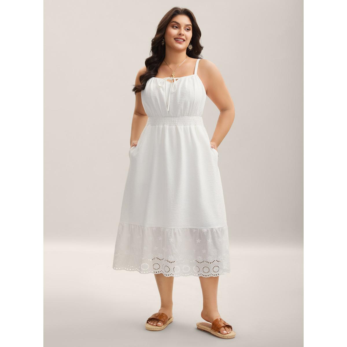 Plus Size Embroidered Shirred Waist Adjustable Midi Dress Originalwhite Women Square Neck Sleeveless Curvy BloomChic 22-24/3X Product Image