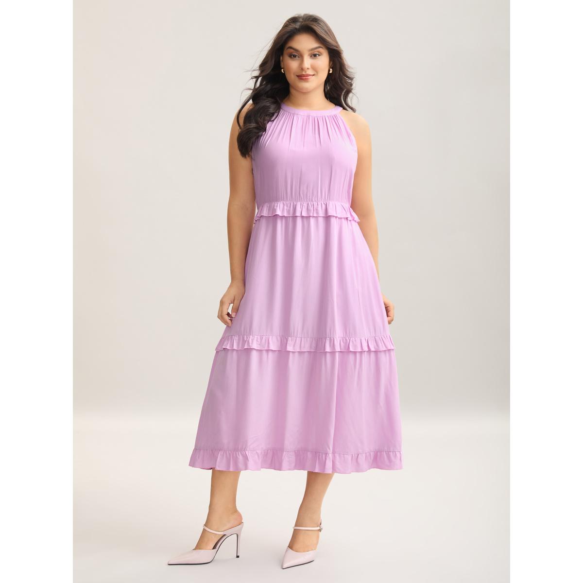 Plus Size Halter Neck Tiered Ruffles Pocket Midi Dress Lilac Women Halter neck Sleeveless Curvy BloomChic 28/5X Product Image