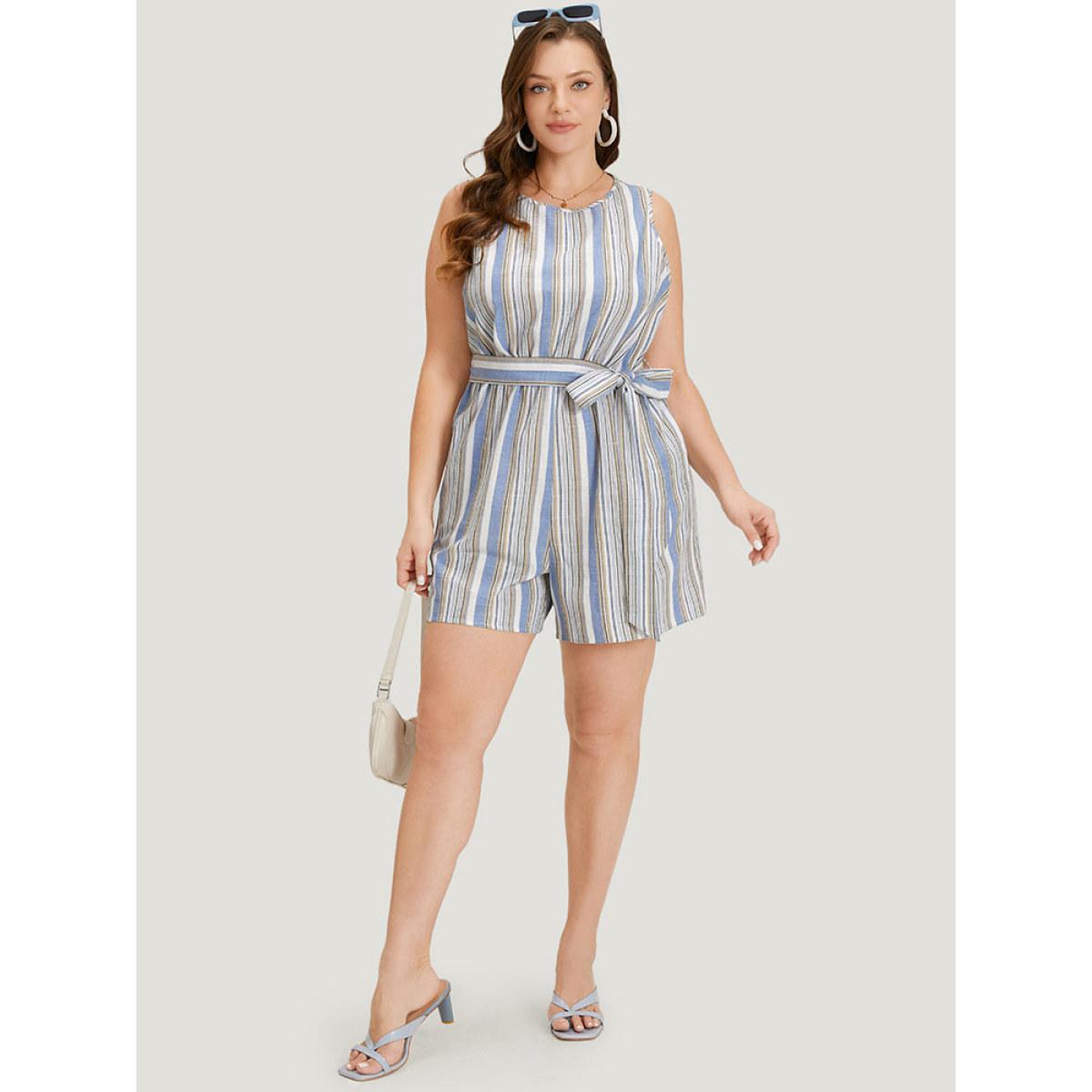 Plus Size Blue Striped Pocket Cut Out Knot Sleeveless Jumpsuit Women Elegant Sleeveless Round Neck Dailywear Loose Jumpsuits BloomChic 14-16/1X Product Image