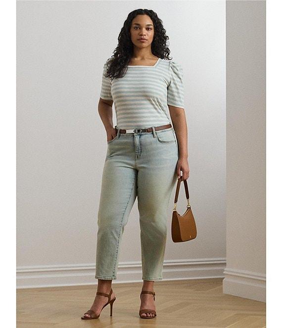 Lauren Ralph Lauren Plus Size Cotton Jersey Striped Square Neck Short Puff Sleeve Top Product Image