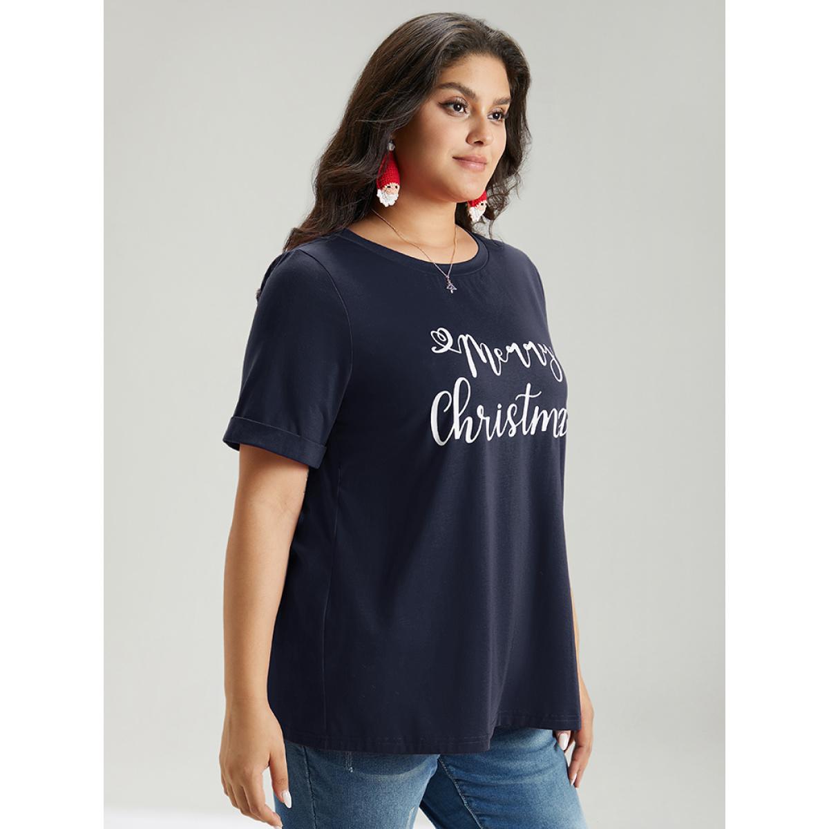 Plus Size Christmas Print Round Neck T-shirt Indigo Women Casual Printed Christmas Festival-Christmas T-shirts BloomChic 18-20/2X Product Image