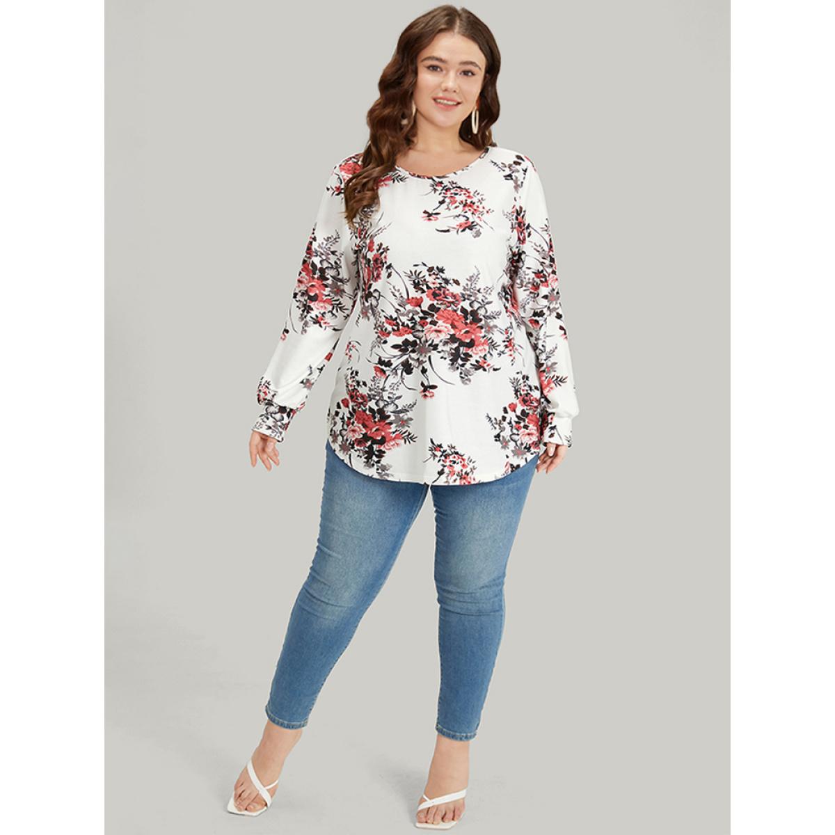 Plus Size Floral Print Crew Neck Crisscross Sweatshirt Women White Elegant Elastic cuffs Round Neck Dailywear Sweatshirts BloomChic 14-16/1X Product Image