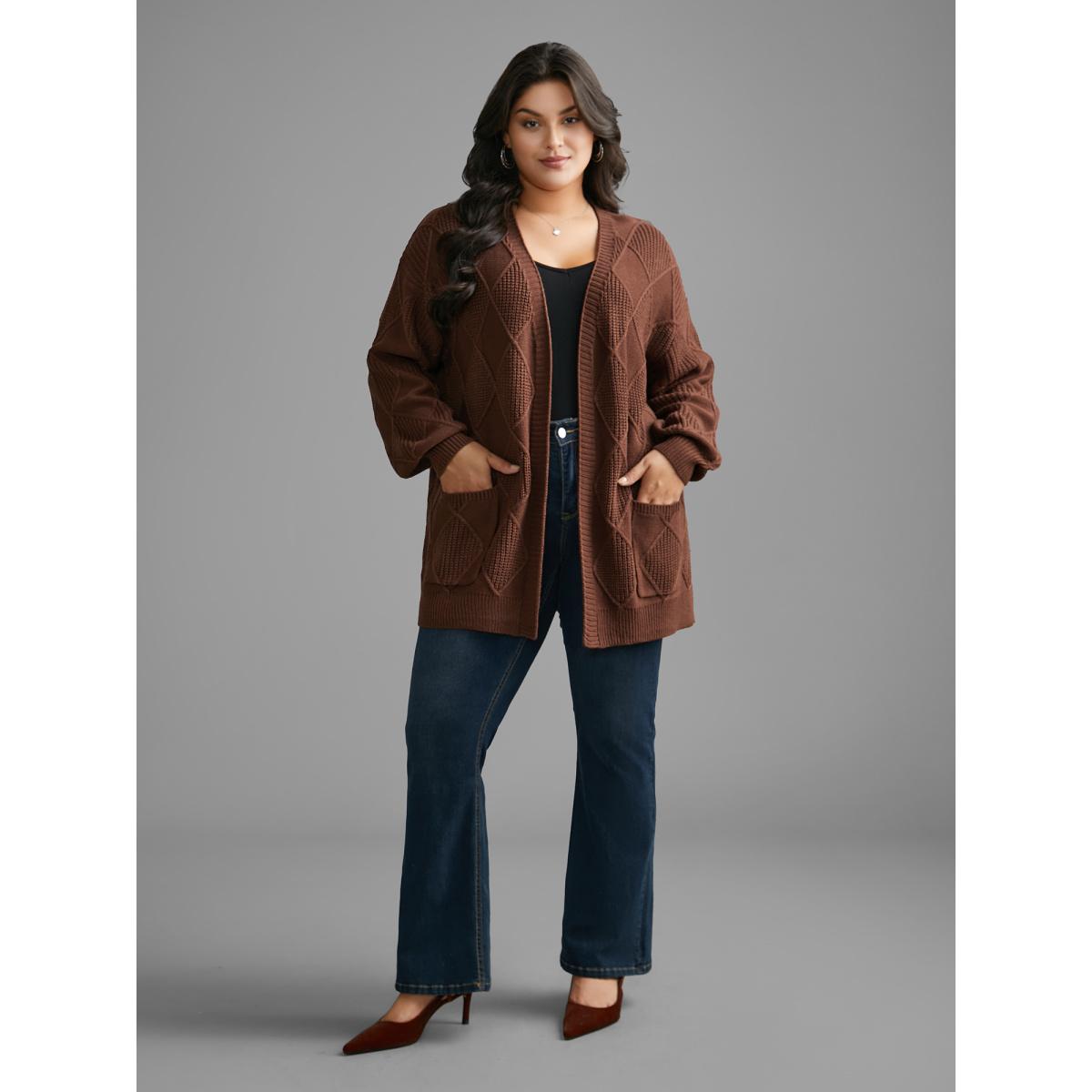 Plus Size Plain Textured Pocket Drop Shoulder Cardigan Browncoffeecolor Women Casual Loose Long Sleeve Everyday Cardigans BloomChic 14-16/1X Product Image