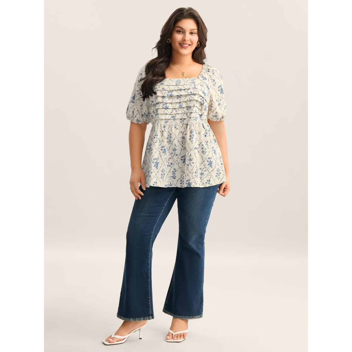 Plus Size Beige Floral Pleated Bodice Puffy Sleeve Blouse Women Romantic Half Sleeve Square Neck Elegant Blouses BloomChic 10/M Product Image