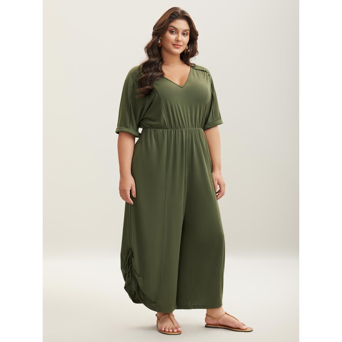Plus Size ArmyGreen Tie-Up Hem Pull-Over Stretch Jumpsuit Women Short sleeve V-neck Vacation Loose Jumpsuits BloomChic 18-20/2X Product Image