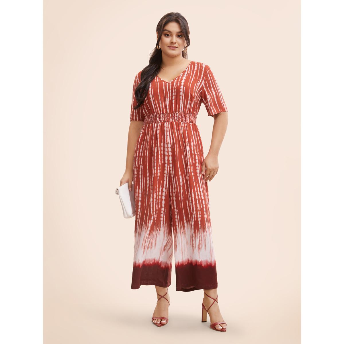 Plus Size Multicolor V Neck Gradient Dyeing Shirred Jumpsuit Women At the Office Half Sleeve V-neck Office Loose Jumpsuits BloomChic 18-20/2X Product Image